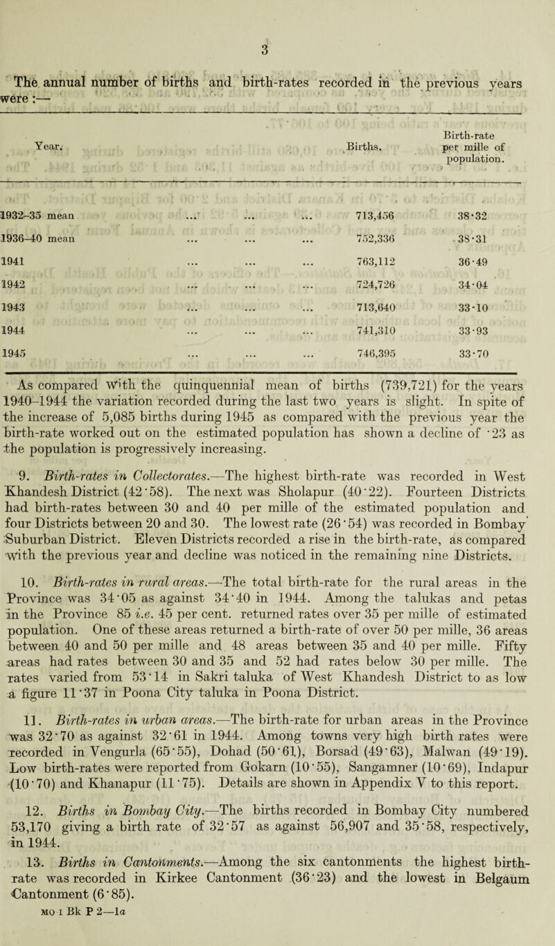 The annual number of births were:—* and birth-rates recorded in the previous years ■ ' t Cf no - ■ i ' • Birth-rate Year. , , n. t J k Births. per mille of population. 1932-35 mean r • • • ' • • • • » « 713,456 38-32 t . , r ■ . , 1936-40 mean • • • ♦ • • • • « 752,336 38-31 1941 ... • • • • • « 763,112 36-49 1942 • • • • •• 724,726 34-04 1943 • * * • • • 713,640 33-10 1944 ... ... • . • 741,310 33-93 1945 ... ... 746,395 33-70 As compared With the quinquennial mean of births (739,721) for the years 1940-1944 the variation recorded during the last two years is slight. In spite of the increase of 5,085 births during 1945 as compared with the previous year the birth-rate worked out on the estimated population has shown a decline of ' 23 as the population is progressively increasing. 9. Birth-rates in Collector ate s.—The highest birth-rate was recorded in West Khandesh District (42 *58). The next was Sholapur (40*22). Fourteen Districts had birth-rates between 30 and 40 per mille of the estimated population and four Districts between 20 and 30. The lowest rate (26 * 54) was recorded in Bombay Suburban District. Eleven Districts recorded a rise in the birth-rate, as compared with the previous year and decline was noticed in the remaining nine Districts. 10. Birth-rates in rural areas.—The total birth-rate for the rural areas in the Province was 34*05 as against 34*40 in 1944. Among the talukas and petas in the Province 85 i.e. 45 per cent, returned rates over 35 per mille of estimated population. One of these areas returned a birth-rate of over 50 per mille, 36 areas between 40 and 50 per mille and 48 areas between 35 and 40 per mille. Fifty areas had rates between 30 and 35 and 52 had rates below 30 per mille. The rates varied from 53*14 in Sakri taluka of West Khandesh District to as low a figure 11*37 in Poona City taluka in Poona District. 11. Birth-rates in urban areas.—The birth-rate for urban areas in the Province was 32*70 as against 32*61 in 1944. Among towns very high birth rates were vecorded in Vengurla, (65*55), Dohad (50*61), Borsad (49*63), Malwan (49*19). Low birth-rates were reported from Gokarn (10*55), Sangamner (10*69), Indapur (10*70) and Khanapur (11*75). Details are shown in Appendix V to this report. 12. Births in Bombay City— The births recorded in Bombay City numbered 53,170 giving a birth rate of 32*57 as against 56,907 and 35*58, respectively, in 1944. 13. Births in Cantonments.—Among the six cantonments the highest birth¬ rate was recorded in Kirkee Cantonment (36*23) and the lowest in Belgaum Cantonment (6*85).