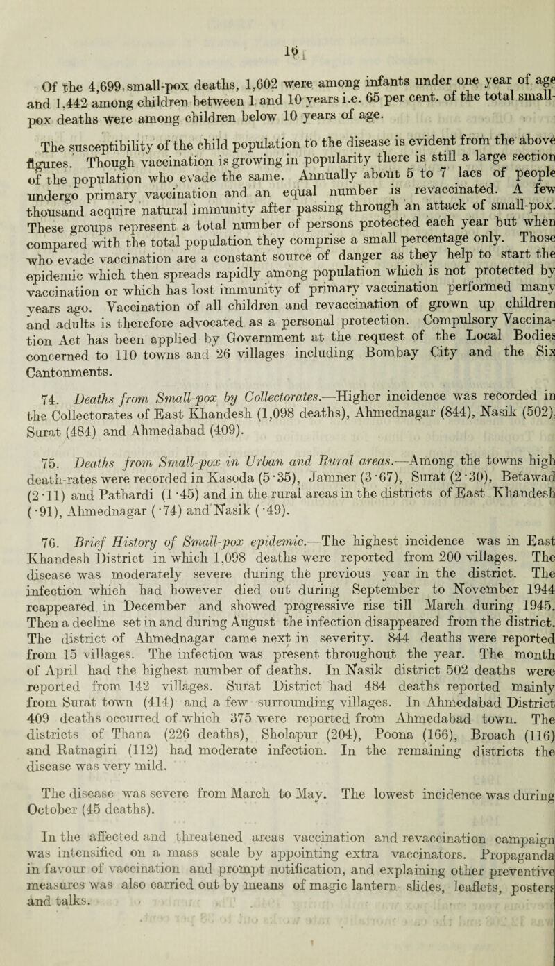 Of the 4,699, small-pox deaths, 1,602 Were among infants under one year of age and 1,442 among children between 1 and 10 years i.e. 65 per cent, of the total smal - pox deaths were among children below 10 years of age. The susceptibility of the child population to the disease is evident from the above figures. Though vaccination is growing in popularity there is still a large section of the population who evade the same. Annually about 5 to 7 lacs of people undergo primary vaccination and an equal number is revaccinated. A few thousand acquire natural immunity after passing through an attack of small-pox. These groups represent a total number of persons protected each ^ear but when compared with the total population they comprise a small percentage only. Those who evade vaccination are a constant source of danger as they help to start the epidemic which then spreads rapidly among population which is not protected by vaccination or which has lost immunity of primary vaccination performed many years ago. Vaccination of all children and revaccination of grown up children and adults is therefore advocated as a personal protection. Compulsory Vaccina¬ tion Act has been applied by Government at the request of the Local Bodies concerned to 110 towns and 26 villages including Bombay City and the Six Cantonments. 74. Deaths from Small-pox by Collectorates.—Higher incidence was recorded in the Collectorates of East Khandesh (1,098 deaths), Ahmednagar (844), Nasik (502). Surat (484) and Ahmedabad (409). 75. Deaths from Small-pox in Urban and Rural areas.—Among the towns high death-rates were recorded in Kasoda (5 35), Jamner (3 -67), Surat (2 -30), Betawad (2-11) and Pathardi (1 *45) and in the rural areas in the districts of East Khandesh (-91), Ahmednagar (*74) and Nasik (-49). 76. Brief History of Small-pox epidemic.—The highest incidence was in East Khandesh District in which 1,098 deaths were reported from 200 villages. The disease was moderately severe during the previous year in the district. The infection which had however died out during September to November 1944 reappeared in December and showed progressive rise till March during 1945. Then a decline set in and during August the infection disappeared from the district. The district of Ahmednagar came next in severity. 844 deaths were reported from 15 villages. The infection was present throughout the year. The month of April had the highest number of deaths. In Nasik district 502 deaths were reported from 142 villages. Surat District had 484 deaths reported mainly from Surat town (414) and a few surrounding villages. In Ahmedabad District 409 deaths occurred of which 375 -were reported from Ahmedabad town. The districts of Thana (226 deaths), Sholapur (204), Poona (166), Broach (116) and Ratnagiri (112) had moderate infection. In the remaining districts the disease was very mild. The disease was severe from March to May. The lowest incidence was during October (45 deaths). In the affected and threatened areas vaccination and revaccination campaign was intensified on a mass scale by appointing extra vaccinators. Propaganda in favour of vaccination and prompt notification, and explaining other preventive measures was also carried out by means of magic lantern slides, leaflets, posters and talks.