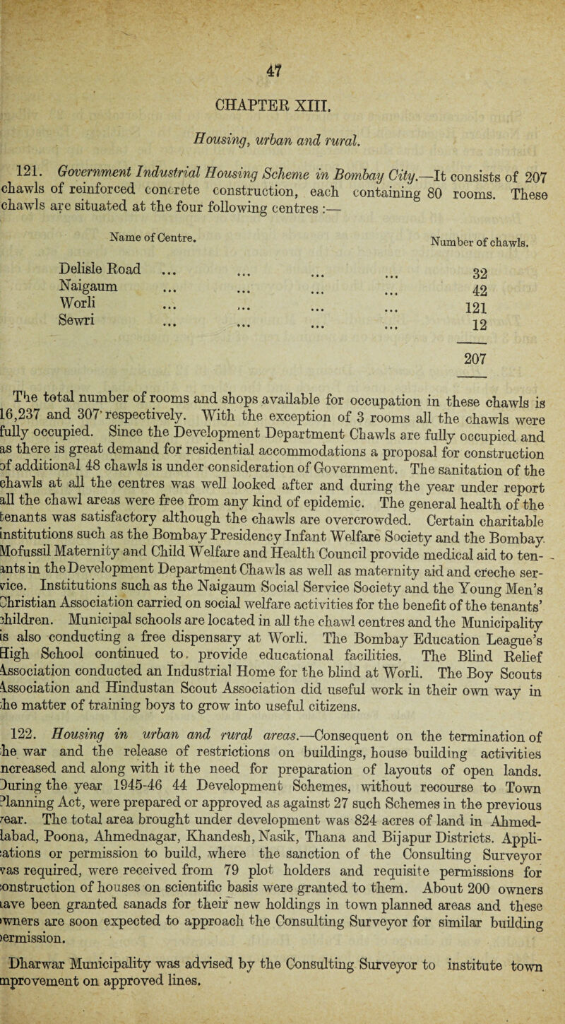 CHAPTER XIII. Housing, urban and rural, 121. Government Industrial Housing Scheme in Bombay City.—It consists of 207 chawls of reinforced concrete construction, each containing 80 rooms. These chawls are situated at the four following centres :— Name of Centre. Number of chawls. Delisle Road Haigaum Worli Sewri 207 T*ie total number of rooms and shops available for occupation in these chawls is 16,237 and 307 respectively. With the exception of 3 rooms all the chawls were fully occupied. Since the Development Department Cbawls are fully occupied and as there is great demand for residential accommodations a proposal for construction af additional 48 chawls is under consideration of Government. The sanitation of the chawls at all the centres was well looked after and during the year under report all the chawl areas were free from any kind of epidemic. The general health of the tenants was satisfactory although the chawls are overcrowded. Certain charitable institutions such as the Bombay Presidency Infant Welfare Society and the Bombay. Mofussil Maternity and Child Welfare and Health Council provide medical aid to ten- - ants in the Development Department Chawls as well as maternity aid and creche ser¬ vice. Institutions such as the Naigaum Social Service Society and the Young Men’s Christian Association carried on social welfare activities for the benefit of the tenants’ children. Municipal schools are located in all the chawl centres and the Municipality is also conducting a free dispensary at Worli. The Bombay Education League’s High School continued to. provide educational facilities. The Blind Relief Association conducted an Industrial Home for the blind at Worli. The Boy Scouts Association and Hindustan Scout Association did useful work in their own way in he matter of training boys to grow into useful citizens. 122. Housing in urban and rural areas.—Consequent on the termination of he war and the release of restrictions on buildings, house building activities ncreased and along with it the need for preparation of layouts of open lands, during the year 1945-46 44 Development Schemes, without recourse to Town Planning Act, were prepared or approved as against 27 such Schemes in the previous mar. The total area brought under development was 824 acres of land in Ahmed- iabad, Poona, Ahmednagar, Khandesh, Nasik, Thana and Bijapur Districts. Appli¬ cations or permission to build, where the sanction of the Consulting Surveyor vas required, were received from 79 plot holders and requisite permissions for construction of houses on scientific basis were granted to them. About 200 owners Lave been granted sanads for their new holdings in town planned areas and these >wners are soon expected to approach the Consulting Surveyor for similar building >ermission. Dharwar Municipality was advised by the Consulting Surveyor to institute town approvement on approved lines. 42 121 12