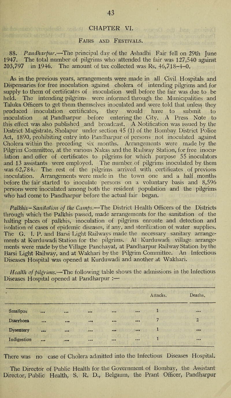 CHAPTER VI. Fairs and Festivals. 88. Pandharpur.—The principal day of the Ashadhi Fair fell on 29th June 1947. The total number of pilgrims who attended the fair was 127,540 against 203,797 in 1946. The amount of tax collected was Rs. 46,718-4-0. As in the previous years, arrangements were made in all Civil Hospitals and Dispensaries for free inoculation against cholera of intending pilgrims and for supply to them of certificates of inoculation well before the fair was due to be held. The intending pilgrims were informed through the Municipalities and Taluka Officers to get them themselves inoculated and were told that unless they produced inoculation certificates, they would have to submit to inoculation at Pandharpur before entering the City. A Press Note to this effect was also published and broadcast. A Notification was issued by the District Magistrate, Sholapur under section 45 (1) of the Bombay District Police Act, 1890, prohibiting entry into Pandharpur of persons not inoculated against Cholera within the preceding six months. Arrangements were made by the Pilgrim Committee, at the various Nakas and the Railway Station, for free inocu¬ lation and offer of certificates to pilgrims for which purpose 55 inoculators and 13 assistants were employed. The number of pilgrims inoculated by them was 62,784. The rest of the pilgrims arrived with certificates of previous inoculation. Arrangements were made in the town one and a half months before the fair started to inoculate persons on a voluntary basis and 8,596 persons were inoculated among both the resident population and the pilgrims who had come to Pandharpur before the actual fair began. Palkhis- Sanitation of the Camps.—The District Health Officers of the Districts through which the Palkhis passed, made arrangements for the sanitation of the halting places of palkhis, inoculation of pilgrims enroute and detection and isolation of cases of epidemic diseases, if any, and sterilization of water supplies. The G. I. P. and Barsi Light Railways made the necessary sanitary arrange¬ ments at Kurduwadi Station for the pilgrims. At Kurduwadi village arrange¬ ments were made by the Village Panchayat, at Pandharpur Railway Station by the Barsi Light Railway, and at Wakhari by the Pilgrim Committee. An Infectious Diseases Hospital was opened at Kurduwadi and another at Wakhari. Health of pilgrims.—The following table shows the admissions in the Infectious Diseases Hospital opened at Pandharpur :— Attacks. Deaths. Smallpox ... • • a • • • • • • 1 «00 Diarrhoea • •• • •• • • • 7 2 Dysentery • • 6 0 0 • 1 ««« Indigestion • o « • • • • • 0 1 • 0 0 There was no case of Cholera admitted into the Infectious Diseases Hospital. The Director of Public Health for the Government of Bombay, the Assistant Director, Public Health, S. R. D., Belgaum, the Prant Officer, Pandharpur