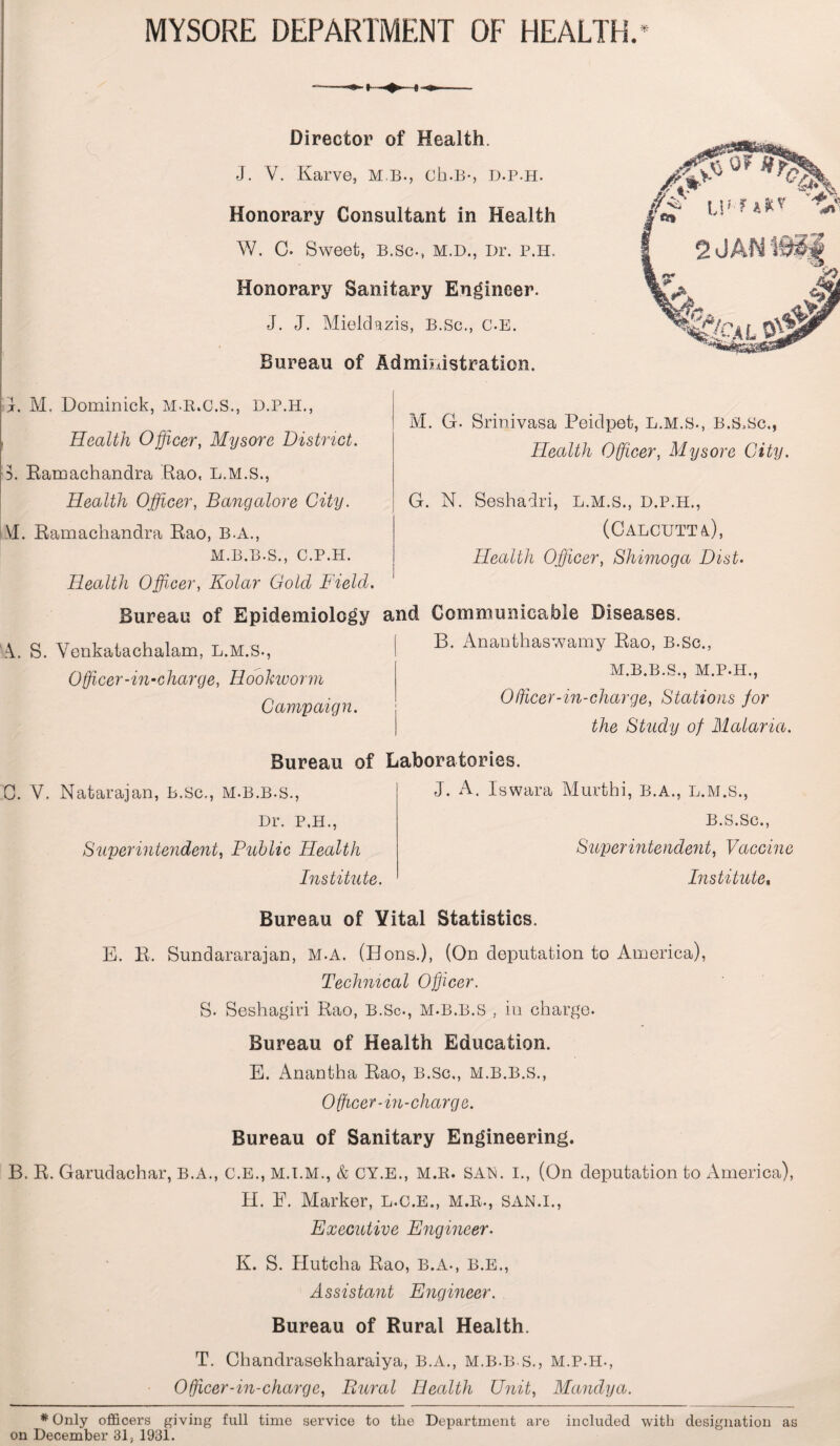 MYSORE DEPARTMENT OF HEALTH. * Director of Health. J. V. Karve, M B., ch.B-, d.p.h. Honorary Consultant in Health W. C. Sweet, B.Sc., M.D., Dr. P.H. Honorary Sanitary Engineer. J. J. Mieidazis, B.Sc., C.E. Bureau of Administration. hi. M. Dominick, M.R.C.S., D.P.H., Health Officer, Mysore District. 5. Eamachandra Eao, L.M.S., Health Officer, Bangalore City. \L Eamachandra Eao, B.A., M.B.B.S., C.P.H. Health Officer, Kolar Gold Field. Bureau of Epidemiology and Communicable Diseases. A. S. Vcnkatachalam, L.M.S., I R Ananthaswamy Bao, B.Sc., Officer-in-charge, Hookworm Campaign. M. G. Srinivasa Peidpet, L.M.S., B.S.Sc., Health Officer, Mysore City. G. N. Seshadri, L.M.S., D.P.H., (Calcutta), Health Officer, Shimoga Dist. M.B.B.S., M.P.H., Officer-in-charge, Stations for the Study of Malaria. Bureau of Laboratories. C. V. Natarajan, B.Sc., M.B.B.S., Dr. P.H., Superintendent, Public Health Institute. J. A. Iswara Murthi, B.A., L.M.S., B.S.Sc., Superintendent, Vaccine Institute. Bureau of Vital Statistics. E. E. Sundararajan, M.A. (Hons.), (On deputation to America), Technical Officer. S. Seshagiri Eao, B.Sc., M.B.B.S , in charge. Bureau of Health Education. E. Anantha Eao, B.Sc., M.B.B.S., Officer-in-charge. Bureau of Sanitary Engineering. B. E. Garudachar, B.A., C.E., M.I.M., & CY.E., M.R. SAN. I., (On deputation to America), H. E. Marker, L.C.E., M.R., SAN.I., Executive Engineer. K. S. Hutcha Eao, B.A., B.E., Assistant Engineer. Bureau of Rural Health. T. Chandrasekharaiya, B.A., M.B.B.S., M.P.H., Officer-in-charge, Rural Health Unit, Mandya. * Only officers giving full time service to the Department are included with designation as on December 31, 1931.