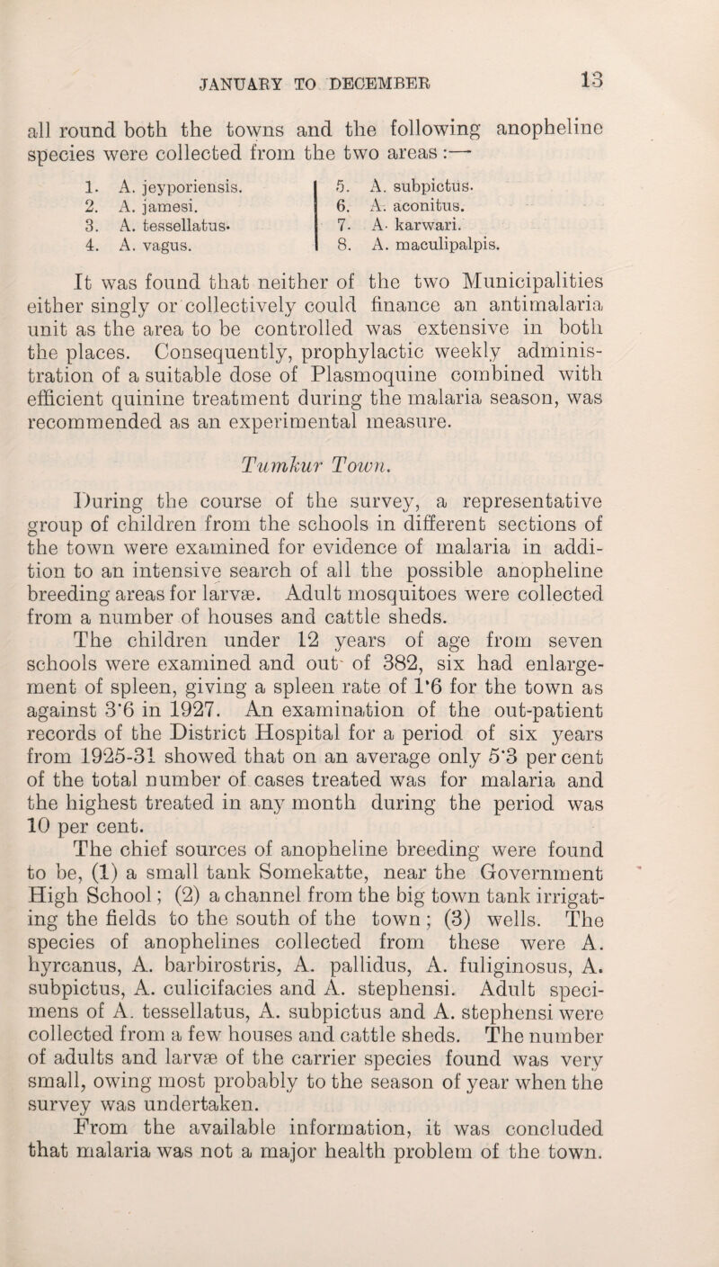 all round both the towns and the following anopheline species were collected from the two areas:—- 5. A. subpictus. 6. A. aconitus. 7- A- karwari. 1. A. jeyporiensis. 2. A. jamesi. 3. A. tessellatus* 4. A. vagus. 8. A. maculipalpis. It was found that neither of the two Municipalities either singly or collectively could finance an antimalaria unit as the area to be controlled was extensive in both the places. Consequently, prophylactic weekly adminis¬ tration of a suitable dose of Plasmoquine combined with efficient quinine treatment during the malaria season, was recommended as an experimental measure. Tumkur Town. During the course of the survey, a representative group of children from the schools in different sections of the town were examined for evidence of malaria in addi¬ tion to an intensive search of all the possible anopheline breeding areas for larvae. Adult mosquitoes were collected from a number of houses and cattle sheds. The children under 12 years of age from seven schools were examined and out' of 382, six had enlarge¬ ment of spleen, giving a spleen rate of 1*6 for the town as against 3*6 in 1927. An examination of the out-patient records of the District Hospital for a period of six years from 1925-31 showed that on an average only 5*3 percent of the total number of cases treated was for malaria and the highest treated in any month during the period was 10 per cent. The chief sources of anopheline breeding were found to be, (1) a small tank Somekatte, near the Government High School; (2) a channel from the big town tank irrigat¬ ing the fields to the south of the town ; (3) wells. The species of anophelines collected from these were A. hyrcanus, A. barbirostris, A. pallidus, A. fuliginosus, A. subpictus, A. culicifacies and A. stephensi. Adult speci¬ mens of A. tessellatus, A. subpictus and A. stephensi were collected from a few houses and cattle sheds. The number of adults and larvse of the carrier species found was very small, owing most probably to the season of year when the survey was undertaken. From the available information, it was concluded that malaria was not a major health problem of the town.