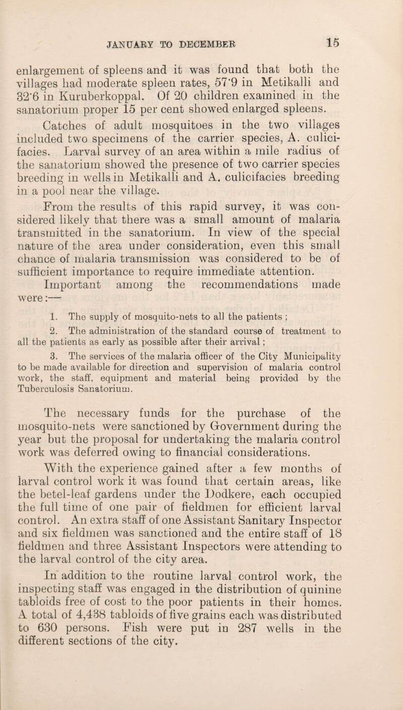 enlargement of spleens and it was found that both the villages had moderate spleen rates, 57'9 in Metikalli and 32*6 in Kuruberkoppal. Of 20 children examined in the sanatorium proper 15 per cent showed enlarged spleens. Catches of adult mosquitoes in the two villages included two specimens of the carrier species, A. culici- facies. Larval survey of an area within a mile radius of the sanatorium, showed the presence of two carrier species breeding in wells in Metikalli and A. culicifacies breeding- in a pool near the village. From the results of this rapid survey, it was con¬ sidered likely that there was a small amount of malaria transmitted in the sanatorium. In view of the special nature of the area under consideration, even this small chance of malaria transmission was considered to be of sufficient importance to require immediate attention. Important among the recommendations made were:— 1. The supply of mosquito-nets to all the patients ; 2. The administration of the standard course of treatment to all the patients as early as possible after their arrival; 3. The services of the malaria officer of the City Municipality to be made available for direction and supervision of malaria control work, the staff, equipment and material being provided by the Tuberculosis Sanatorium. The necessary funds for the purchase of the mosquito-nets were sanctioned by Government during the year but the proposal for undertaking the malaria control work was deferred owing to financial considerations. With the experience gained after a few months of larval control work it was found that certain areas, like the betel-leaf gardens under the Dodkere, each occupied the full time of one pair of fieldmen for efficient larval control. An extra staff of one Assistant Sanitary Inspector and six fieldmen was sanctioned and the entire staff of 18 fieldmen and three Assistant Inspectors were attending to the larval control of the city area. In addition to the routine larval control work, the inspecting staff was engaged in the distribution of quinine tabloids free of cost to the poor patients in their homes. A total of 4,438 tabloids of five grains each was distributed to 630 persons. Fish were put in 287 wells in the different sections of the city.