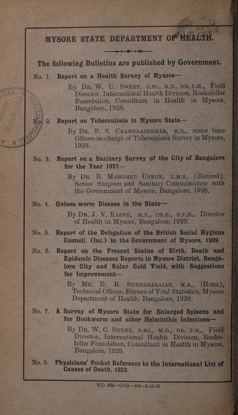 .. r*«~. MYSORE STATE DEPARTMENT The following Bulletins are published by Government. No. 1. Report on a Health Survey of Mysore— By Dr. W. C. Sweet, b.sc., m.d., dr. p.h., Field Director, International Health Division, Rockefeller Foundation, Consultant in Health in Mysore, Bangalore, 1928. • ; J~ v ” - ■ No. 2. Report on Tuberculosis in Mysore State— :: ■ V By Dit. P. S. Chandrasekhar, m.d., some time Officer-in-charge of Tuberculosis Survey in Mysore, 1928. No, 3, Report on a Sanitary Survey of the City of Bangalore for the Year 1927— By Dr. B. Mahomed Usmon, l.m.s., (Retired), Senior Surgeon and Sanitary Commissioner with the Government of Mysore, Bangalore, 1928. / ' > V • - . ----- - ' :<L. ' _ ■ No. 4. Guinea-worm Disease in the State— By Dr. J. V. Karve, m.b., ch.b., d.p.h., Director of Health in Mysore, Bangalore, 1929. No. 5. Report of the Delegation of the British Social Hygiene Council, (Inc.) to the Government of Mysore, 1929. No. 6. Report on the Present Status of Birth, Death and Epidemic Diseases Reports in Mysore District, Banga¬ lore City and Kolar Gold Field, with Suggestions for Improvement— By Mr. E. R. Sundararajan, m.a., (Hons,), Technical Officer, Bureau of Vital Statistics, Mysore Department of Health, Bangalore, 1929. No. 7. A Survey of Mysore State for Enlarged Spleens and for Hookworm and other Helminthic Infections— By Dr. W. C. Sweet, b.sc., m.d., dr. p.h., Field Director, International Health Division, Rocke¬ feller Foundation, Consultant in Health in Mysore, Bangalore, 1929. No. 8. Physicians’ Pocket Reference to the International List of Causes of Death, 1932. WD 485—G-PB—-400—2-12-38