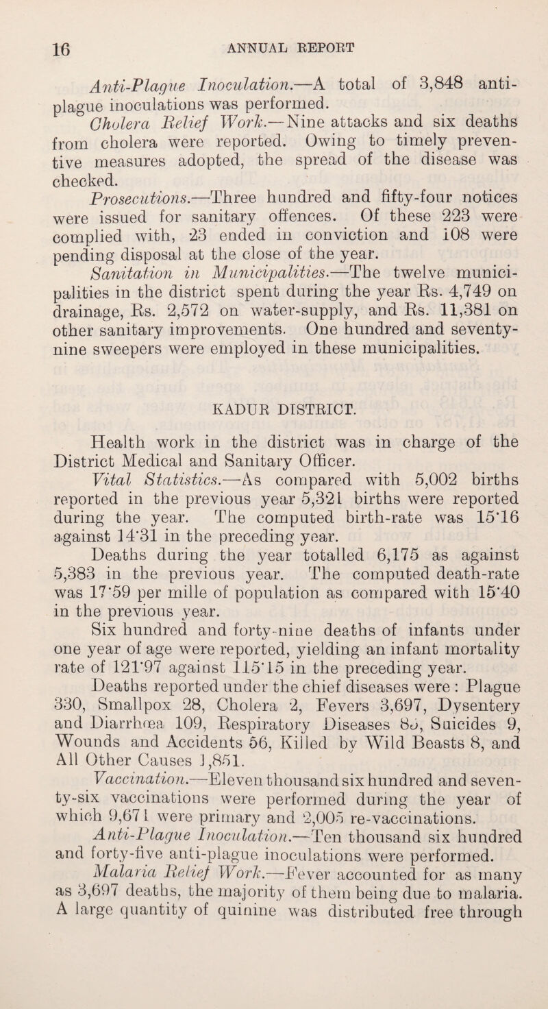 Anti-Plague Inoculation.—A total of 3,848 anti- plague inoculations was performed. Cholera Belief Work.—Nine attacks and six deaths from cholera were reported. Owing to timely preven¬ tive measures adopted, the spread of the disease was checked. Prosecutions.—Three hundred and fifty-four notices were issued for sanitary offences. Of these 223 were complied with, 23 ended in conviction and 108 were pending disposal at the close of the year. Sanitation in Municipalities.—The twelve munici¬ palities in the district spent during the year Rs. 4,749 on drainage, Rs. 2,572 on water-supply, and Rs. 11,381 on other sanitary improvements. One hundred and seventy- nine sweepers were employed in these municipalities. KADUR DISTRICT. Health work in the district was in charge of the District Medical and Sanitary Officer. Vital Statistics.—As compared with 5,002 births reported in the previous year 5,321 births were reported during the year. The computed birth-rate was 15T6 against 14*31 in the preceding year. Deaths during the year totalled 6,175 as against 5,383 in the previous year. The computed death-rate was 17*59 per mille of population as compared with 15*40 in the previous year. Six hundred and forty-nine deaths of infants under one year of age were reported, yielding an infant mortality rate of 121*97 against 115*15 in the preceding year. Deaths reported under the chief diseases were : Plague 330, Smallpox 28, Cholera 2, Fevers 3,697, Dysentery and Diarrhoea 109, Respiratory Diseases 85, Suicides 9, Wounds and Accidents 56, Killed bv Wild Beasts 8, and All Other Causes J ,851. Vaccination.—Eleven thousand six hundred and seven¬ ty-six vaccinations were performed during the year of which 9,67 1 were primary and 2,005 re-vaccinations. Anti-Plague Inoculation.—Ten thousand six hundred and forty-five anti-plague inoculations were performed. Malaria Belief Work.—Fever accounted for as many as 3,697 deaths, the majority of them being due to malaria. A large quantity of quinine was distributed free through