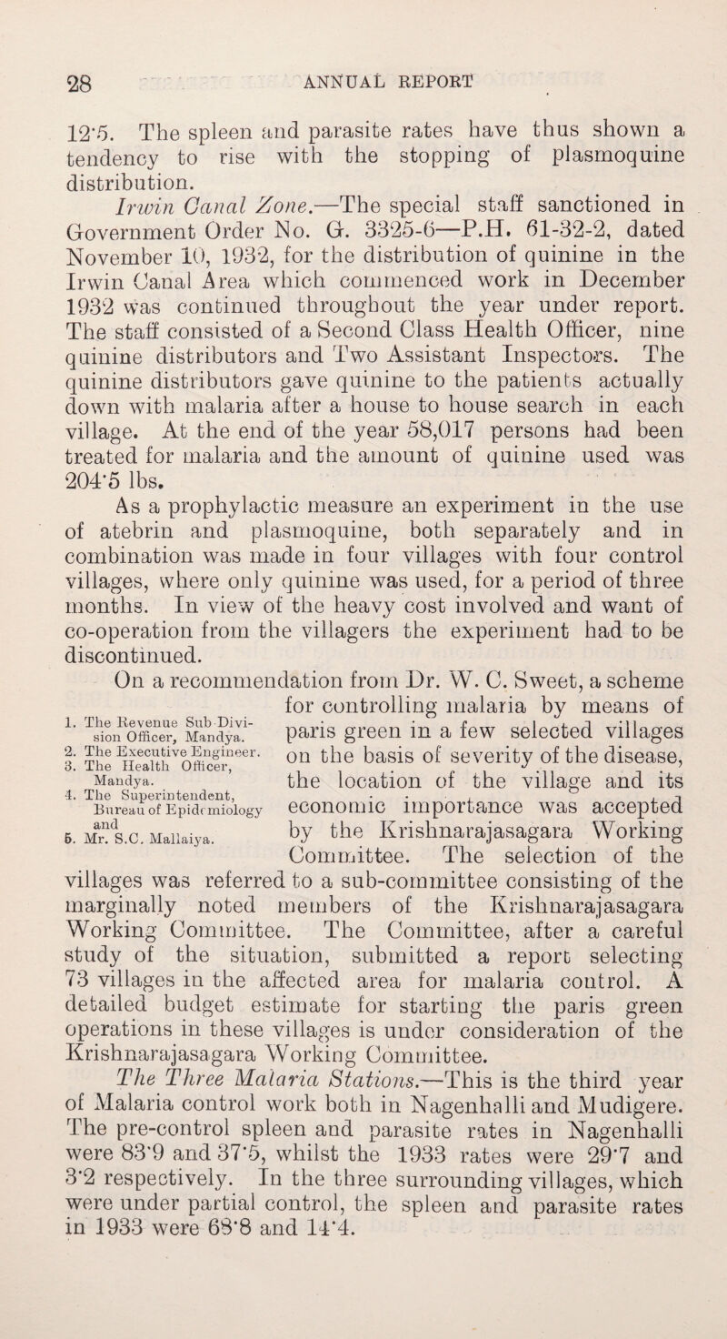 12*5. The spleen and parasite rates have thus shown a tendency to rise with the stopping of plasmoquine distribution. Irwin Canal Zone.—The special staff sanctioned in Government Order No. G. 3325-6—P.H. 61-32-2, dated November 10, 1932, for the distribution of quinine in the Irwin Canal Area which commenced work in December 1932 was continued throughout the year under report. The staff consisted of a Second Class Health Officer, nine quinine distributors and Two Assistant Inspectors. The quinine distributors gave quinine to the patients actually down with malaria after a house to house search in each village. At the end of the year 58,017 persons had been treated for malaria and the amount of quinine used was 204*5 lbs. 1. The Revenue Sub Divi¬ sion Officer, Mandya. 2. The Executive Engineer. 3. The Health Officer, Mandya. 4. The Superintendent, Bureau of Epidemiology and 5. Mr. S.C. Mallaiya. As a prophylactic measure an experiment in the use of atebrin and plasmoquine, both separately and in combination was made in four villages with four control villages, where only quinine was used, for a period of three months. In view of the heavy cost involved and want of co-operation from the villagers the experiment had to be discontinued. On a recommendation from Dr. W. C. Sweet, a scheme for controlling malaria by means of paris green in a few selected villages on the basis of severity of the disease, the location of the village and its economic importance was accepted by the Krishnarajasagara Working Committee. The selection of the villages was referred to a sub-committee consisting of the marginally noted members of the Krishnarajasagara Working Committee. The Committee, after a careful study of the situation, submitted a report selecting 73 villages in the affected area for malaria control. A detailed budget estimate for starting the paris green operations in these villages is under consideration of the Krishnarajasagara Working Committee. The Three Malaria Stations.—This is the third year of Malaria control work both in Nagenhalli and Mudigere. The pre-control spleen and parasite rates in Nagenhalli were 83*9 and 37*5, whilst the 1933 rates were 29*7 and 3*2 respectively. In the three surrounding villages, which were under partial control, the spleen and parasite rates in 1933 were 68*8 and 14*4.