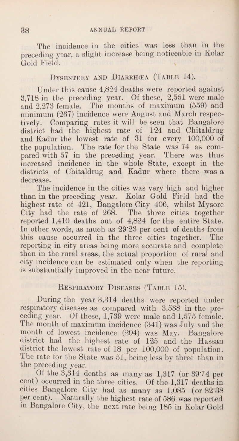The incidence in the cities was less than in the preceding year, a slight increase being noticeable in Kolar Gold Field. Dysentery and Diarrhcea (Table 14). Under this cause 4,824 deaths were reported against 3,718 in the preceding year. Of these, 2,551 were male and 2,273 female. The months of maximum (559) and minimum (267) incidence were August and March respec¬ tively. Comparing rates it will be seen that Bangalore district had the highest rate of 124 and Chitaldrug and Kadur the lowest rate of 31 for every 100,000 of the population. The rate for the State was 74 as com¬ pared with 57 in the preceding year. There was thus increased incidence in the whole State, except in the districts of Chitaldrug and Kadur where there was a decrease. The incidence in the cities was very high and higher than in the preceding year. Kolar Gold Field had the highest rate of 421, Bangalore City 406, whilst Mysore City had the rate of 268. The three cities together reported 1,410 deaths out of 4,824 for the entire State. In other words, as much as 29'23 per cent of deaths from this cause occurred in the three cities together. The reporting in city areas being more accurate and complete than in the rural areas, the actual proportion of rural and city incidence can be estimated only when the reporting is substantially improved in the near future. Respiratory Diseases (Table 15). During the }^ear 3,314 deaths were reported under respiratory diseases as compared with 3,538 in the pre¬ ceding year. Of these, 1,739 were male and 1,575 female. The month of maximum incidence (341) was July and the month of lowest incidence (204) was May. Bangalore district had the highest rate of 125 and the Hassan district the lowest rate of 18 per 100,000 of population. The rate for the State was 51, being less by three than in the preceding year. Of the 3,314 deaths as many as 1,317 (or 39'74 per cent) occurred in the three cities. Of the 1,317 deaths in cities Bangalore City had as many as 1,085 (or 82*38 per cent). Naturally the highest rate of 586 wras reported in Bangalore City, the next rate being 185 in Kolar Gold