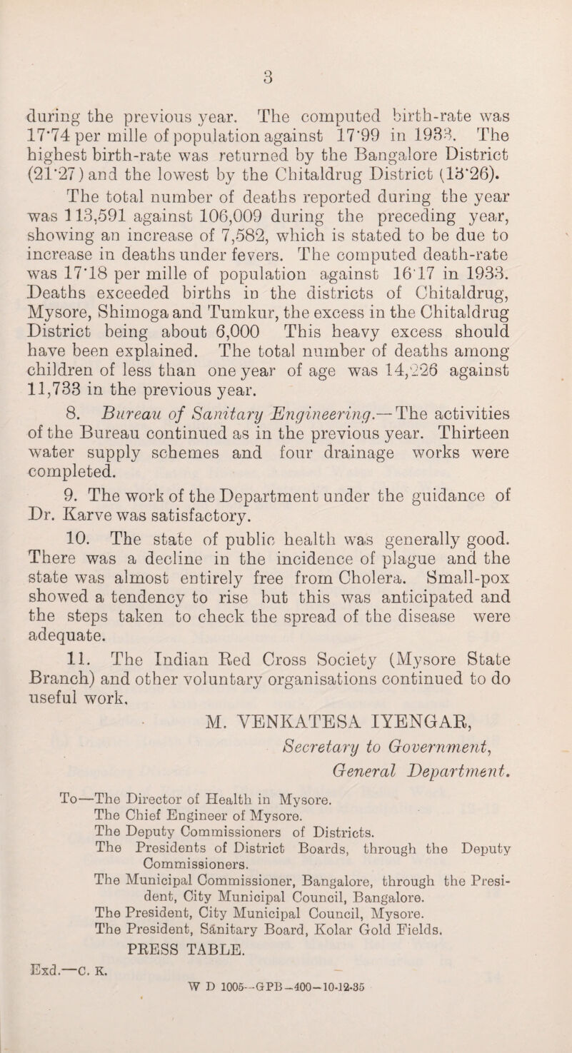 3 during the previous year. The computed birth-rate was 17*74 per mille of population against 17*99 in 1933. The highest birth-rate was returned by the Bangalore District (21*27) and the lowest by the Chitaldrug District (13*26). The total number of deaths reported during the year was 113,591 against 106,009 during the preceding year, showing an increase of 7,582, which is stated to be due to increase in deaths under fevers. The computed death-rate was 17*18 per mille of population against 16T7 in 1933. Deaths exceeded births in the districts of Chitaldrug, Mysore, Shimoga and Tumkur, the excess in the Chitaldrug District being about 6,000 This heavy excess should have been explained. The total number of deaths among children of less than one year of age was 14,226 against 11,733 in the previous year. 8. Bureau of Sanitary Engineering.— The activities of the Bureau continued as in the previous year. Thirteen water supply schemes and four drainage works were completed. 9. The work of the Department under the guidance of Dr. Karve was satisfactory. 10. The state of public health was generally good. There was a decline in the incidence of plague and the state was almost entirely free from Cholera. Small-pox showed a tendency to rise but this was anticipated and the steps taken to check the spread of the disease were adequate. 11. The Indian Red Cross Society (Mysore State Branch) and other voluntary organisations continued to do useful work, M. YENKATESA IYENGAR, Secretary to Government, General Department. To—The Director of Health in Mysore. The Chief Engineer of Mysore. The Deputy Commissioners of Districts. The Presidents of District Boards, through the Deputy Commissioners. The Municipal Commissioner, Bangalore, through the Presi¬ dent, City Municipal Council, Bangalore. The President, City Municipal Council, Mysore. The President, Sanitary Board, Kolar Gold Fields. PRESS TABLE. Exd.—C. K. W D 1005-GPB-400-10-12-35