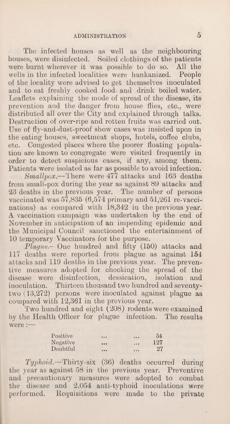 The infected houses as well as the neighbouring houses, were disinfected. Soiled clothings of the patients wrere burnt wherever it was possible to do so. All the wells in the infected localities were hankanized. People of the locality were advised to get themselves inoculated and to eat freshlv cooked food- and drink boiled water. K/ Leaflets explaining the mode of spread of the disease, its prevention and the danger from house flies, etc., were distributed all over the City and explained through talks. Destruction of over-ripe and rotten fruits was carried out. Use of fly-and-dust-proof show cases was insisted upon in the eating houses, sweetmeat shops, hotels, coffee clubs, etc. Congested places where the poorer floating popula¬ tion are known to congregate were visited frequently in order to detect suspicious cases, if any, among them. Patients were isolated as far as possible to avoid infection. Smallpox.—-There were 477 attacks and 163 deaths from small-pox during the year as against 89 attacks and 23 deaths in the previous year. The number of persons vaccinated was 57,835 (6,574 primary and 51,261 re-vacci¬ nations) as compared with 18,342 in the previous year. A vaccination campaign was undertaken by the end of November in anticipation of an impending epidemic and the Municipal Council sanctioned the entertainment of 10 temporary Vaccinators for the purpose. Plague— One hundred and fifty (150) attacks and 117 deaths were reported from plague as against 154 attacks and 119 deaths in the previous year. The preven¬ tive measures adopted for checking the spread of the disease were disinfection, dessication, isolation and inoculation. Thirteen thousand two hundred and seventy- two (13,272) persons were inoculated against plague as compared with 12,361 in the previous year. Two hundred and eight (208) rodents were examined by the Health Officer for plague infection. The results were Positive • ® • • • • 54 Negative • • • * * • 127 Doubtful • • • • • • 27 Typhoid.—Thirty-six (36) deaths occurred during the year as against 58 in the previous year. Preventive and precautionary measures were adopted to combat the disease and 2,054 anti-tvphoid inoculations were performed. Requisitions were made to the private