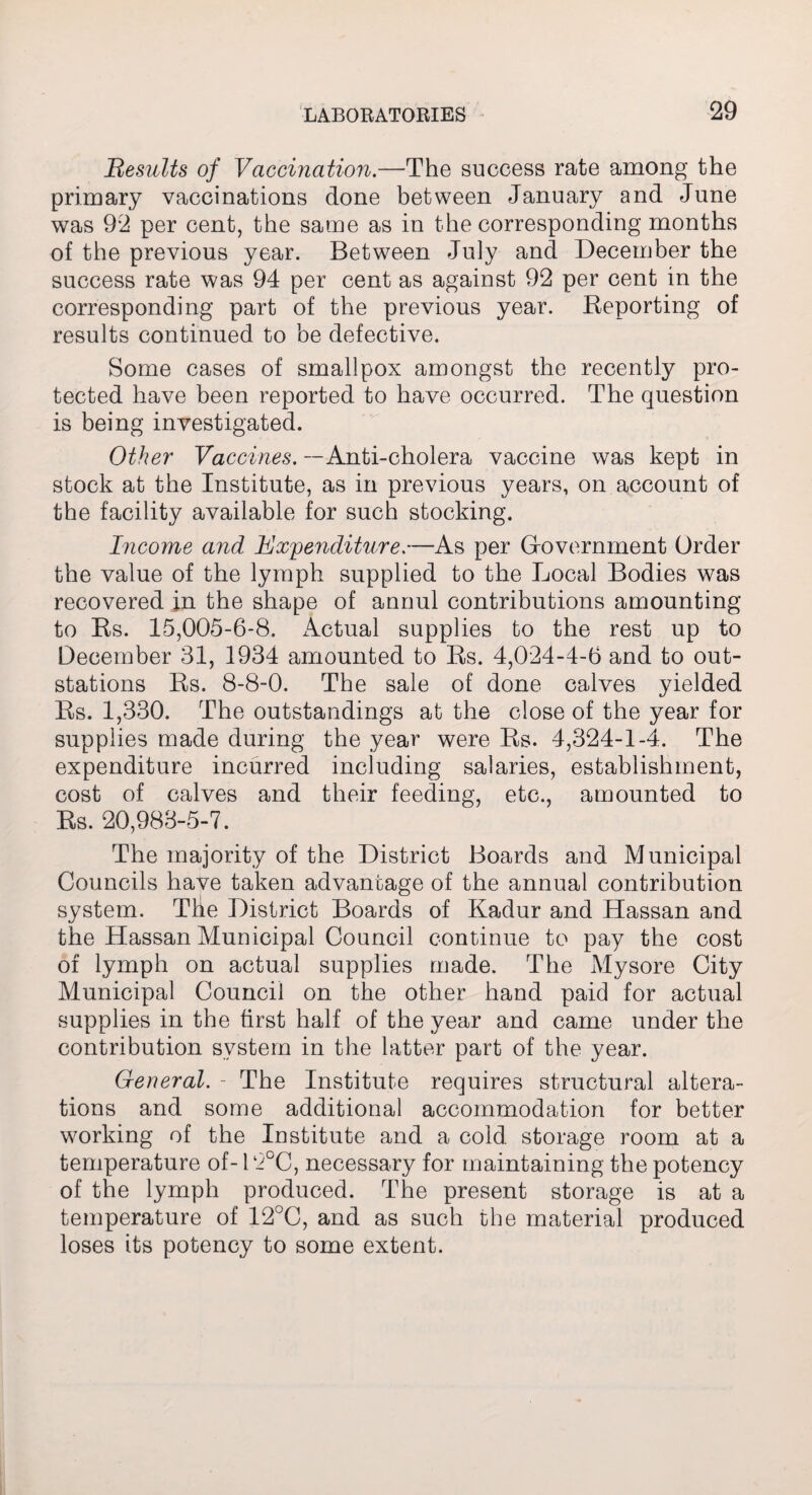 jResults of Vaccination.—The success rate among the primary vaccinations done between January and June was 92 per cent, the same as in the corresponding months of the previous year. Between July and December the success rate was 94 per cent as against 92 per cent in the corresponding part of the previous year. Deporting of results continued to be defective. Some cases of smallpox amongst the recently pro¬ tected have been reported to have occurred. The question is being investigated. Other Vaccines. —Anti-cholera vaccine was kept in stock at the Institute, as in previous years, on account of the facility available for such stocking. Income and Expenditure.—As per Gfovernment Order the value of the lymph supplied to the Local Bodies was recovered in the shape of annul contributions amounting to Rs. 15,005-6-8. Actual supplies to the rest up to December 31, 1934 amounted to Rs. 4,024-4-6 and to out- stations Rs. 8-8-0. The sale of done calves yielded Rs. 1,330. The outstandings at the close of the year for supplies made during the year were Rs. 4,324-1-4. The expenditure incurred including salaries, establishment, cost of calves and their feeding, etc., amounted to Rs. 20,983-5-7. The majority of the District Boards and Municipal Councils have taken advantage of the annual contribution system. The District Boards of Kadur and Hassan and the Hassan Municipal Council continue to pay the cost of lymph on actual supplies made. The Mysore City Municipal Council on the other hand paid for actual supplies in the first half of the year and came under the contribution system in the latter part of the year. General. - The Institute requires structural altera¬ tions and some additional accommodation for better working of the Institute and a cold storage room at a temperature of-12°C, necessary for maintaining the potency of the lymph produced. The present storage is at a temperature of 12°C, and as such the material produced loses its potency to some extent.