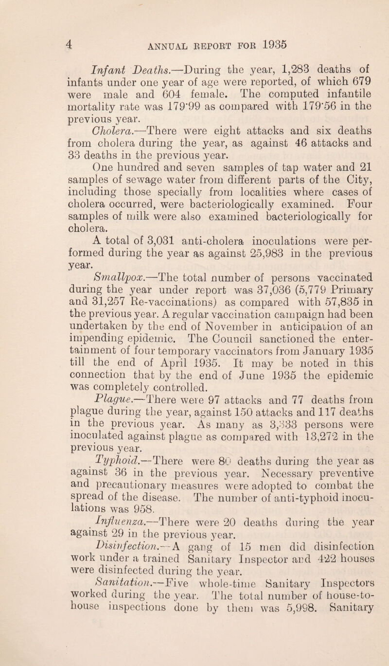 Infant Deaths.—-During the year, 1,283 deaths of infants under one year of age were reported, of which 679 were male and 604 female. The computed infantile mortality rate was 179*99 as compared with 179*56 in the previous year. Cholera.—There were eight attacks and six deaths from cholera during the year, as against 46 attacks and 33 deaths in the previous year. One hundred and seven samples of tap water and 21 samples of sewage water from different parts of the City, including those specially from localities where cases of cholera occurred, were bacteriologically examined. Four samples of milk, were also examined bacteriologically for cholera. A total of 3,031 anti-cholera inoculations were per¬ formed during the year as against 25,983 in the previous year. Smallpox.—The total number of persons vaccinated during the year under report was 37,036 (5,779 Primary and 31,257 Re-vaccinations) as compared with 57,835 in the previous year. A regular vaccination campaign had been undertaken by the end of November in anticipation of an impending epidemic. The Council sanctioned the enter¬ tainment of four temporary vaccinators from January 1935 till the end of April 1935. It may be noted in this connection that by the end of June 1935 the epidemic was completely controlled. Plague— There were 97 attacks and 77 deaths from plague during the year, against 150 attacks and 117 deaths in the previous year. As many as 3,333 persons were inoculated against plague as compared with 13,272 in the previous year. _ Typhoid.—There were 80 deaths during the year as against 36 in the previous year. Necessary preventive and precautionary measures were adopted to combat the spread of the disease. The number of anti-typhoid inocu¬ lations was 958. Influenza.—There wTere 20 deaths during the year against 29 in the previous year. Disinfection.—A gang of 15 men did disinfection work under a trained Sanitary Inspector and 422 houses were disinfected during the year. Sanitation.—Five whole-time Sanitary Inspectors worked during the year. The total number of house-to- house inspections done by them was 5,998. Sanitary