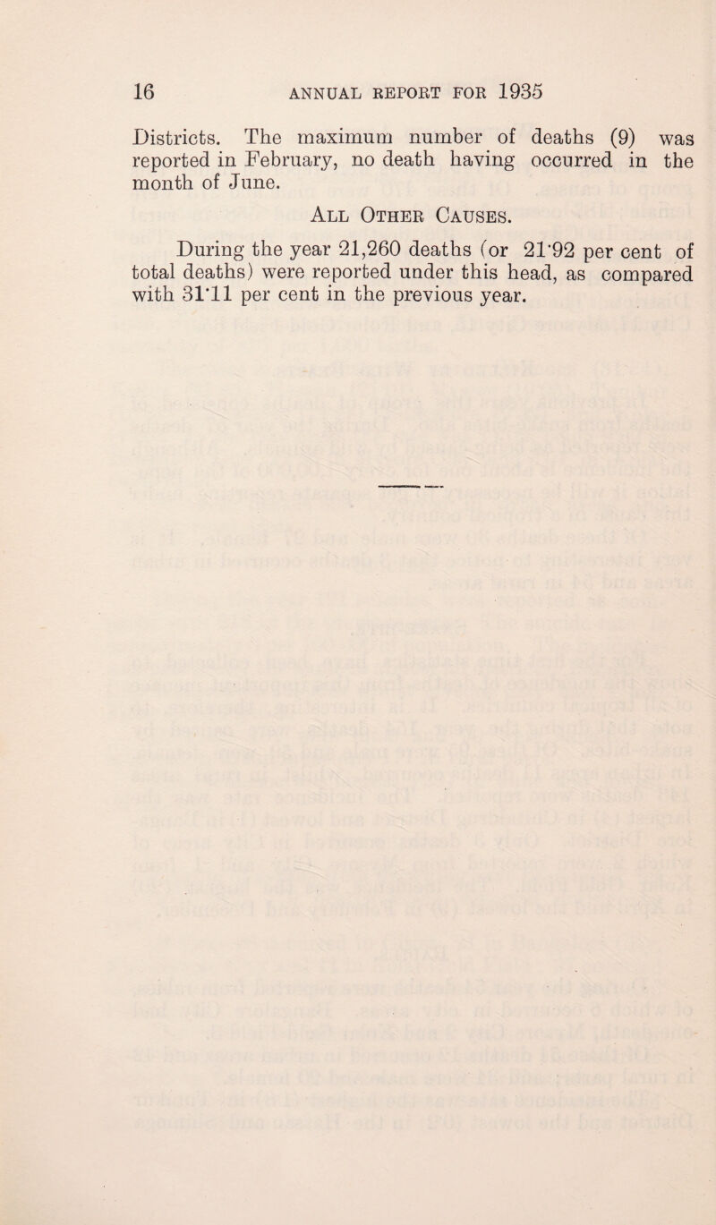 Districts. The maximum number of deaths (9) was reported in February, no death having occurred in the month of June. All Othee Causes. During the year 21,260 deaths (or 21’92 per cent of total deaths) were reported under this head, as compared with 31’11 per cent in the previous year.