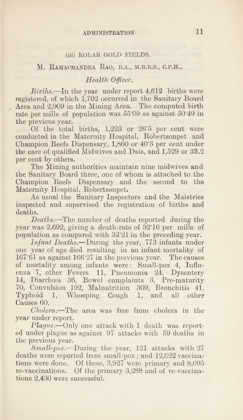 (iii) KOLAR GOLD FIELDS. M. Eamachandra Kao, b.a., m.b.b.s., c.p.h., Health Officer. Births.—In the year under report 4,612 births were registered, of which 1,702 occurred in the Sanitary Board Area and 2,909 in the Mining Area. The computed birth rate per mille of population was 55’09 as against 50’49 in the previous year. Of the total births, 1,223 or 26*5 per cent were conducted in the Maternity Hospital, Robertsonpet and Champion Reefs Dispensary, 1,860 or 40*3 per cent under the care of qualified Midwives and Dais, and 1,529 or 33.2 per cent by others. The Mining authorities maintain nine midwives and the Sanitary Board three, one of whom is attached to the Champion Reefs Dispensary and the second to the Maternity Hospital, Robertsonpet, As usual the Sanitary Inspectors and the Maistries inspected and supervised the registration of births and deaths. Deaths.—The number of deaths reported during the year was 2,692, giving a death-rate of 32*16 per mille of population as compared with 32*21 in the preceding year. Infant Deaths.'—During the year, 773 infants under one year of age died resulting in an infant mortality of 167*61 as against 166*27 in the previous year. The causes of mortality among infants were: Small-pox 4, Influ¬ enza 7, other Fevers 11, Pneumonia 24, Dysentery 14, Diarrhoea 36, Bowel complaints 3, Pre-maturity 70, Convulsion 192, Malnutrition 309, Bronchitis 4i, Typhoid 1, Whooping Cough 1, and all other Causes 60. Cholera.—The area was free from cholera in the year under report. Plague.—Only one attack with 1 death was report¬ ed under plague as against 97 attacks with 59 deaths in the previous year. Sinall-'pox.—During the year, 121 attacks with 27 deaths were reported from small-pox ; and 12,022 vaccina¬ tions were done. Of these, 3,927 were primary and 8,095 re-vaccinations. Of the primary 3,288 and of re-vaccina¬ tions 2,430 were successful.