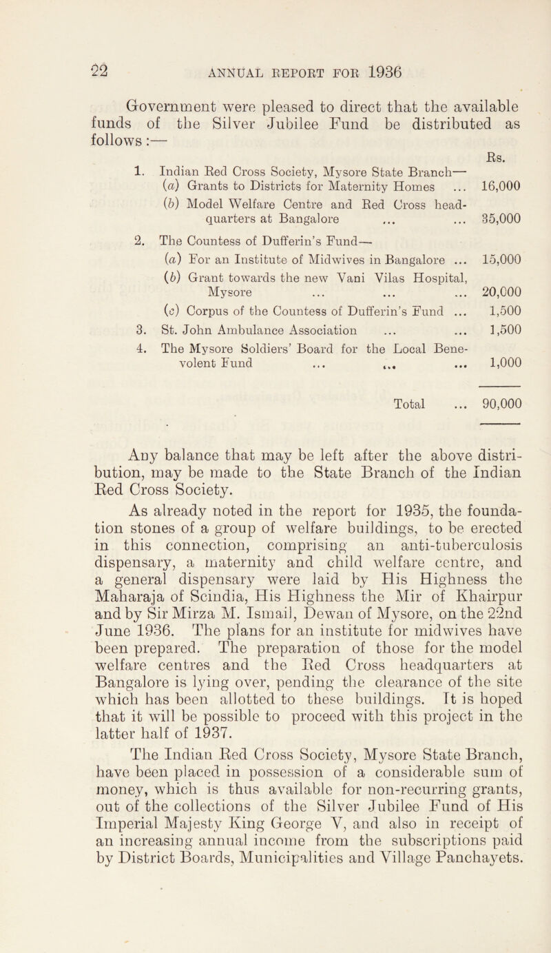 Government were pleased to direct that the availahle funds of the Silver Jubilee Fund be distributed as follows:— Rs. 1. Indian Red Cross Society, Mysore State Branch— {a) Grants to Districts for Maternity Homes ... 16,000 (b) Model Welfare Centre and Red C ross head¬ quarters at Bangalore ... ... 35,000 2. The Countess of Dufferin’s Fund—■ (а) For an Institute of Midwives in Bangalore ... 15,000 (б) Grant towards the new Vani Vilas Hospital, Mysore ... ... ... 20,000 (c) Corpus of the Countess of Dufferin’s Fund ... 1,500 3. St. John Ambulance Association ... ... 1,500 4. The Mysore Soldiers’ Board for the Local Bene¬ volent Fund ... ... 1,000 Total ... 90,000 Any balance that may be left after the above distri¬ bution, may be made to the State Branch of the Indian Eed Cross Society. As already noted in the report for 1935, the founda¬ tion stones of a group of welfare buildings, to be erected in this connection, comprising an anti-tuberculosis dispensary, a maternity and child welfare centre, and a general dispensary were laid by His Highness the Maharaja of Scindia, His Highness the Mir of Khairpur and by Sir Mirza M. Ismail, Dewan of Mysore, on the 22nd June 1936. The plans for an institute for mid wives have been prepared. The preparation of those for the model welfare centres and the Bed Cross headquarters at Bangalore is lying over, pending the clearance of the site which has been allotted to these buildings. It is hoped that it will be possible to proceed with this project in the latter half of 1937. The Indian Bed Cross Society, Mysore State Branch, have been placed in possession of a considerable sum of money, which is thus available for non-recurring grants, out of the collections of the Silver Jubilee Fund of His Imperial Majesty King George V, and also in receipt of an increasing annual income from the subscriptions paid by District Boards, Municipalities and Village Panchayets.