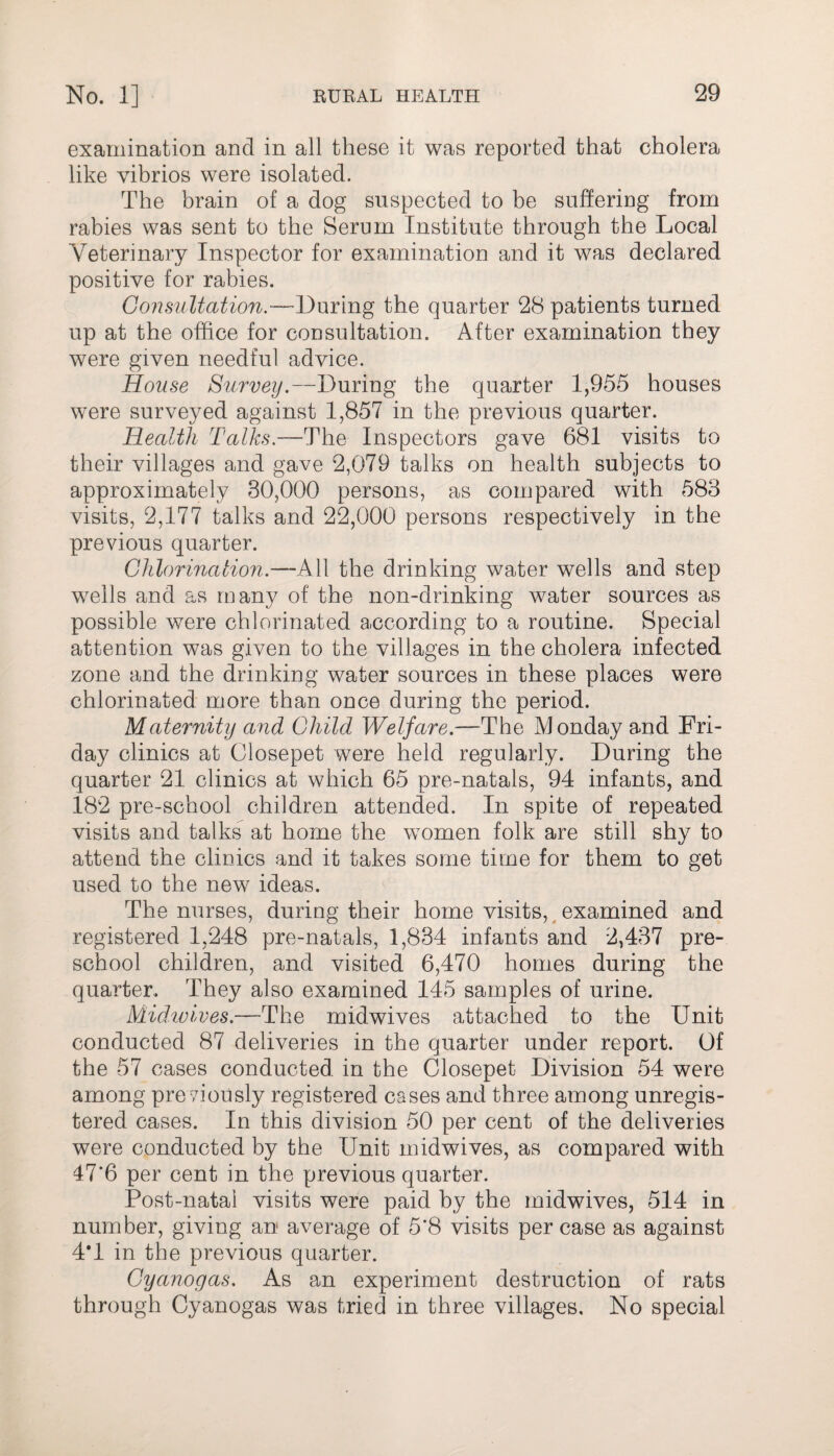 examination and in all these it was reported that cholera like vibrios were isolated. The brain of a dog suspected to be suffering from rabies was sent to the Serum Institute through the Local Veterinary Inspector for examination and it was declared positive for rabies. Consultation.—Luring the quarter 28 patients turned up at the office for consultation. After examination they were given needful advice. House Survey.—During the quarter 1,955 houses were surveyed against 1,857 in the previous quarter. Health Talks.—The Inspectors gave 681 visits to their villages and gave 2,079 talks on health subjects to approximately 30,000 persons, as compared with 583 visits, 2,177 talks and 22,000 persons respectively in the previous quarter. Chlorination.—-All the drinking water wells and step wells and as many of the non-drinking water sources as possible were chlorinated according to a routine. Special attention was given to the villages in the cholera infected zone and the drinking water sources in these places were chlorinated more than once during the period. Maternity and Child Welfare.—The Monday and Fri¬ day clinics at Closepet were held regularly. During the quarter 21 clinics at which 65 pre-natals, 94 infants, and 182 pre-school children attended. In spite of repeated visits and talks at home the women folk are still shy to attend the clinics and it takes some time for them to get used to the new ideas. The nurses, during their home visits, examined and registered 1,248 pre-natals, 1,834 infants and 2,437 pre¬ school children, and visited 6,470 homes during the quarter. They also examined 145 samples of urine. Midwives.—The midwives attached to the Unit conducted 87 deliveries in the quarter under report. Of the 57 cases conducted in the Closepet Division 54 were among previously registered cases and three among unregis¬ tered cases. In this division 50 per cent of the deliveries were conducted by the Unit midwives, as compared with 47*6 per cent in the previous quarter. Post-natal visits were paid by the midwives, 514 in number, giving an average of 5*8 visits per case as against 4*1 in the previous quarter. Cyanogas. As an experiment destruction of rats through Cyanogas was tried in three villages. No special