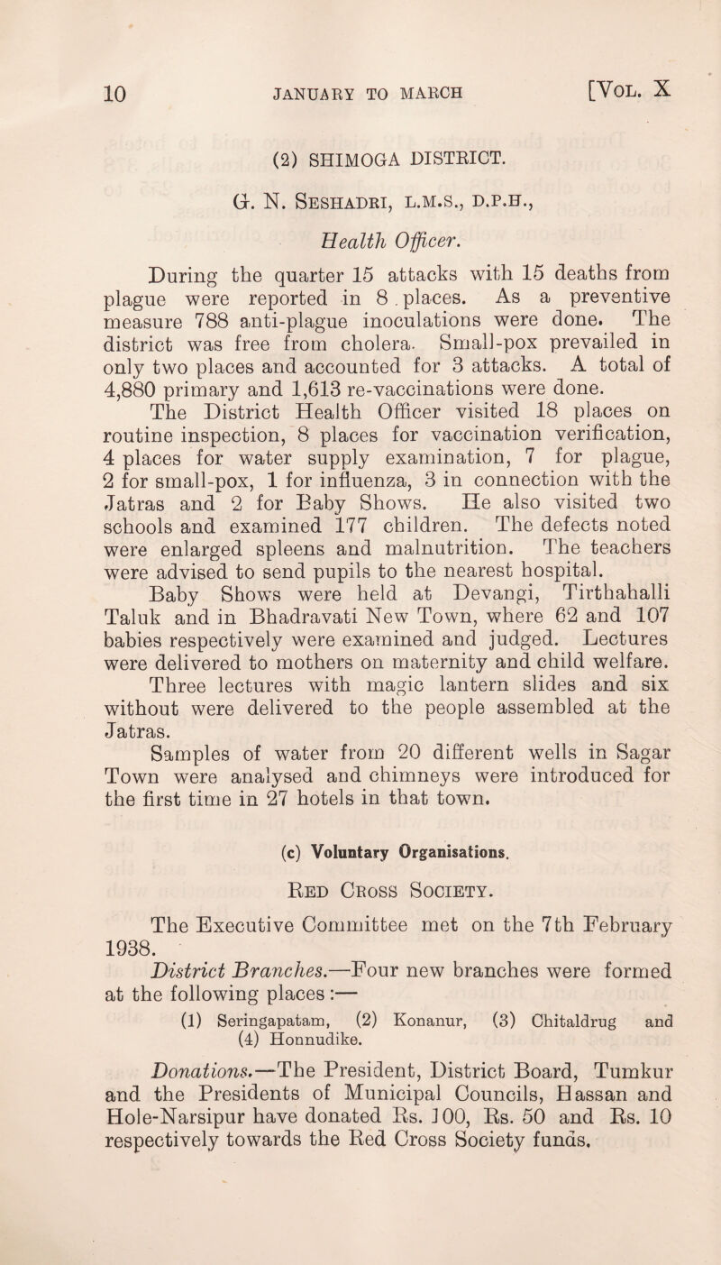 (2) SHIMOGA DISTRICT. G-. N. SESHADRI, L.M.S., D.P.H., Health Officer. During the quarter 15 attacks with 15 deaths from plague were reported in 8. places. As a preventive measure 788 anti-plague inoculations were done. The district was free from cholera. Small-pox prevailed in only two places and accounted for 3 attacks. A total of 4,880 primary and 1,613 re-vaccinations were done. The District Health Officer visited 18 places on routine inspection, 8 places for vaccination verification, 4 places for water supply examination, 7 for plague, 2 for small-pox, 1 for influenza, 3 in connection with the Jatras and 2 for Baby Shows. He also visited two schools and examined 177 children. The defects noted were enlarged spleens and malnutrition. The teachers were advised to send pupils to the nearest hospital. Baby Shows were held at Devangi, Tirthahalli Taluk and in Bhadravati New Town, where 62 and 107 babies respectively were examined and judged. Lectures were delivered to mothers on maternity and child welfare. Three lectures with magic lantern slides and six without were delivered to the people assembled at the Jatras. Samples of water from 20 different wells in Sagar Town were analysed and chimneys were introduced for the first time in 27 hotels in that town. (c) Voluntary Organisations. Red Cross Society. The Executive Committee met on the 7th February 1938. District Branches.—Four new branches were formed at the following places :— (1) Seringapatam, (2) Konanur, (3) Chitaldrug and (4) Honnudike. Donations.—The President, District Board, Tumkur and the Presidents of Municipal Councils, Hassan and Hole-Narsipur have donated Rs. J00, Rs. 50 and Rs. 10 respectively towards the Red Cross Society funds.