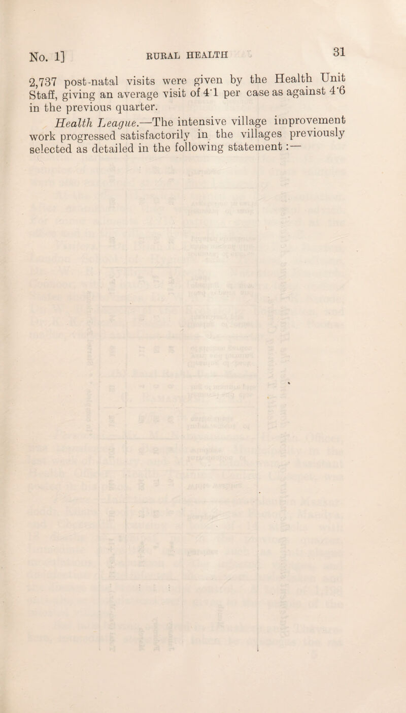 2,737 post-natal visits were given by the Health Unit Staff, giving an average visit of 4'1 per case as against 4 6 in the previous quarter. Health League.—The intensive village improvement work progressed satisfactorily in the villages previously selected as detailed in the following statement: —