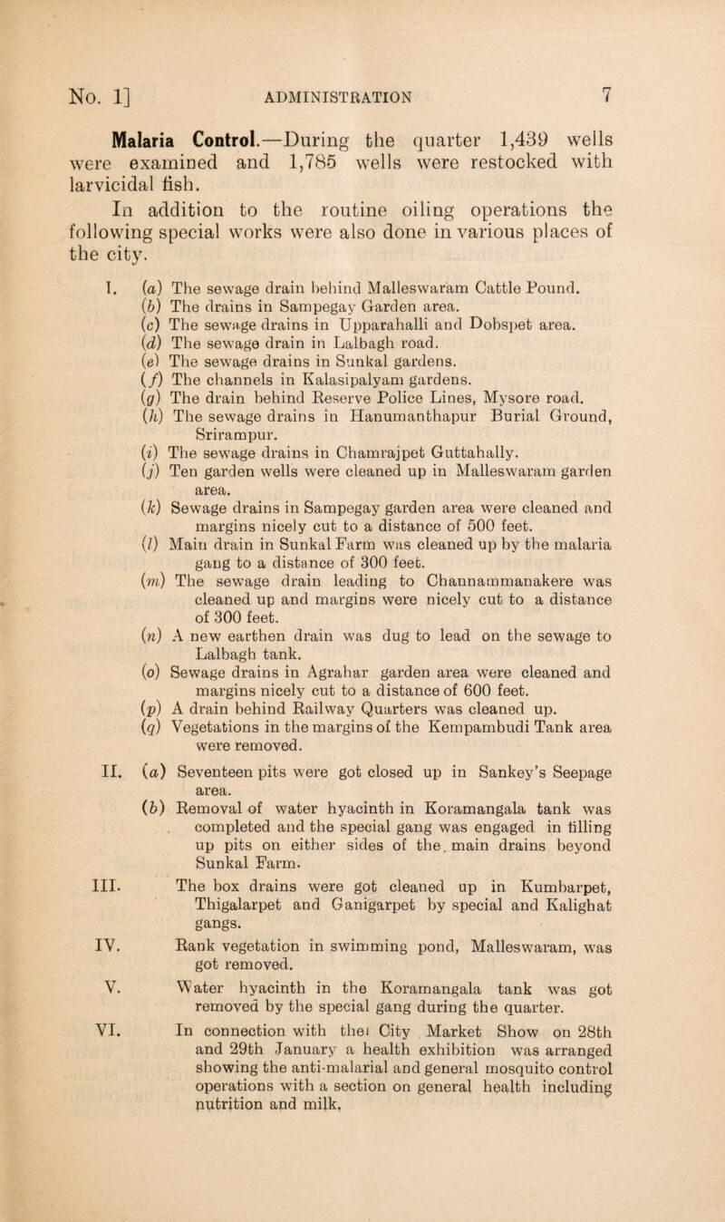 Malaria Control.—During the quarter 1,439 wells were examined and 1,785 wells were restocked with larvicidal fish. In addition to the routine oiling operations the following special works were also done in various places of the city. I. (a) The sewage drain behind Malleswaram Cattle Pound. (b) The drains in Sampegay Garden area. (c) The sewage drains in Upparahalli and Dobspet area. (d) The sewage drain in Lalbagh road. (e) The sewage drains in Sunkal gardens. (/) The channels in Kalasipalyam gardens. (g) The drain behind Reserve Police Lines, Mysore road. (/i) The sewage drains in Hanumanthapur Burial Ground, Srirampur. (i) The sewage drains in Chamrajpet Guttahally. (j) Ten garden wells were cleaned up in Malleswaram garden area. (Zc) Sewage drains in Sampegay garden area were cleaned and margins nicely cut to a distance of 500 feet. (/) Main drain in Sunkal Farm was cleaned up by the malaria gang to a distance of 300 feet. (m) The sewage drain leading to Channammanakere was cleaned up and margins were nicely cut to a distance of 300 feet. (n) A new earthen drain was dug to lead on the sewage to Lalbagh tank. (o) Sewage drains in Agrahar garden area were cleaned and margins nicely cut to a distance of 600 feet. (p) A drain behind Railway Quarters was cleaned up. (q) Vegetations in the margins of the Kempambudi Tank area were removed. (a) Seventeen pits w^ere got closed up in Sankey’s Seepage area. (b) Removal of water hyacinth in Koramangala tank was completed and the special gang was engaged in tilling up pits on either sides of the. main drains beyond Sunkal Farm. The box drains were got cleaned up in Kumbarpet, Thigalarpet and Ganigarpet by special and Kalighat gangs. Rank vegetation in swimming pond, Malleswaram, was got removed. Water hyacinth in the Koramangala tank was got removed by the special gang during the quarter. In connection with thei City Market Show on 28th and 29tn January a health exhibition was arranged showing the anti-malarial and general mosquito control operations with a section on general health including nutrition and milk. II. III. IV. V. VI.