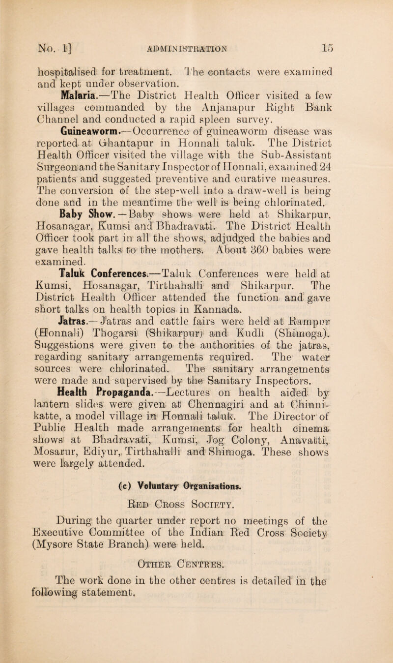 hospitalised for treatment. The contacts were examined and kept under observation. Malaria.—The District Health Officer visited a few villages commanded by the Anjanapur Eight Bank Channel and conducted a rapid spleen survey. Guineaworm.— Occurrence of guineaworm disease was reported at Ghantapur in Honnali taluk. The District Health Officer visited the village with the Sub-Assistant Surgeon and the Sanitary Inspector of Honnali, examined 24 patients and suggested preventive and curative measures. The conversion of the step-well into a draw-well is being done and in the meantime the well is being chlorinated. Baby Show.—Baby shows were held at Shikarpur, Hosanagar, Kumsi and Bhadravati. The District Health Officer took part in all the shows, adjudged the babies and gave health talks to the mothers. About 360 babies were examined. Taluk Conferences.—Taluk Conferences were held at Kumsi, Hosanagar, Tirthahalli and Shikarpur. The District Health Officer attended the function and gave short talks on health topics in Kannada. Jatras.—Jatras and cattle fairs were held at Hamper (Honnali) Thogarsi (Shikarpur) and Kudli (Shimoga). Suggestions wTere given to the authorities of the jatras, regarding sanitary arrangements required. The water sources were chlorinated. The sanitary arrangements were made and supervised by the Sanitary Inspectors. Health Propaganda.—Lectures on health aided by lantern slides wrere given at Chennagiri and at Chinni- katte, a model village in Honnali taluk. The Director of Public Health made arrangements for health cinema shows at Bhadravati, Kumsi, Jog Colony, Anavatti, Mosarur, Ediyur, Tirthahalli and Shimoga. These shows were largely attended. (c) Voluntary Organisations. Ked Cross Society. During the quarter under report no meetings of the Executive Committee of the Indian Bed Cross Society (Mysore State Branch) were held. Other Centres. The work done in the other centres is detailed in the following statement,