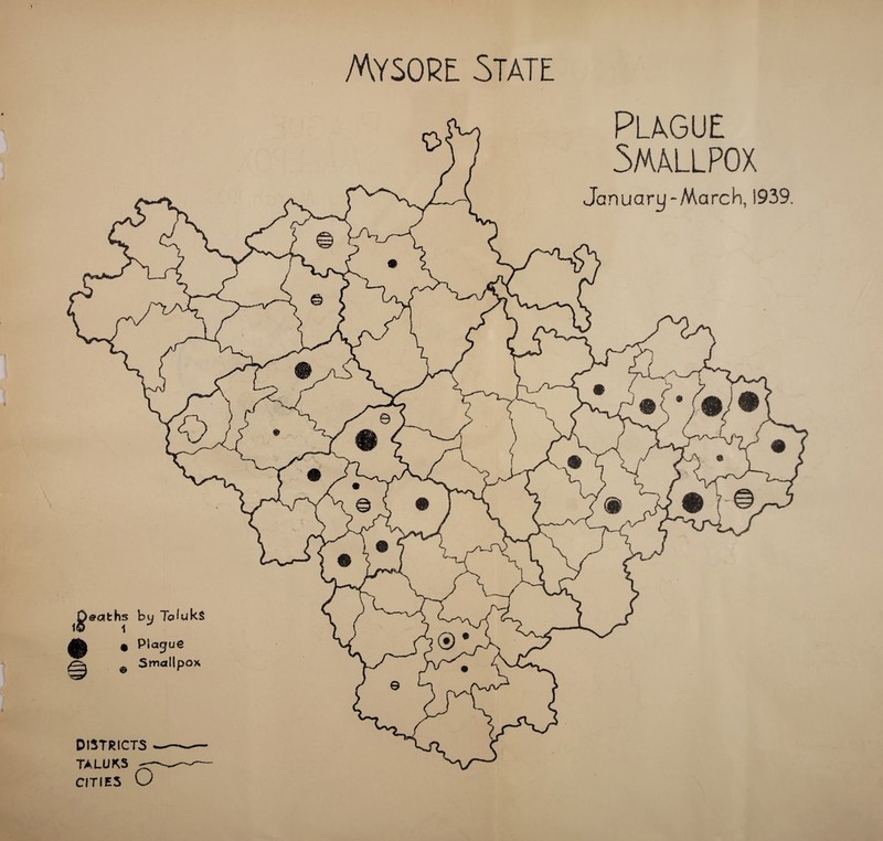 ^eafchs by TcUukS H • Plague Smallpox DISTRICTS TALUKS CITIES O Plague Smallpox January-March, 1939.