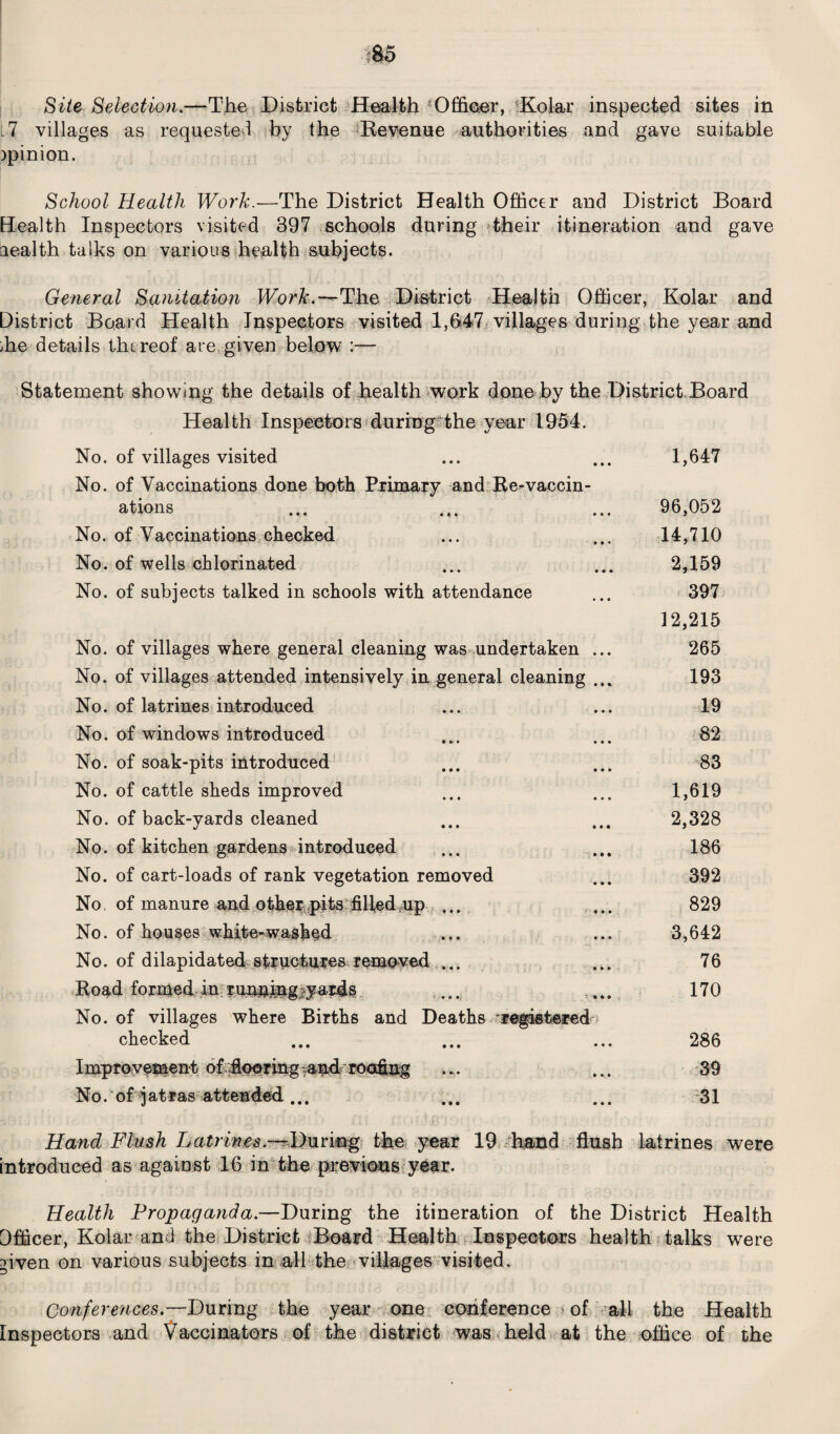 Site Selection.—The District Health Officer, Kolar inspected sites in l7 villages as requested by the Revenue authorities and gave suitable )pinion. School Health Work.—The District Health Officer and District Board Health Inspectors visited 397 schools during their itineration and gave aealth talks on various health subjects. General Sanitation Work.—The District Health Officer, Kolar and District Board Health Inspectors visited 1,647 villages during the year and ffie details thereof are given below :— Statement showing the details of health work done by the District Board Health Inspectors during the year 1954. No. of villages visited No. of Vaccinations done both Primary and Re-vaccin- ations v*v ^ • • • • * * No. of Vaccinations checked No. of wells chlorinated No. of subjects talked in schools with attendance No. of villages where general cleaning was undertaken No. of villages attended intensively in general cleaning No. of latrines introduced No. of windows introduced No. of soak-pits introduced No. of cattle sheds improved No. of back-yards cleaned No. of kitchen gardens introduced No. of cart-loads of rank vegetation removed No. of manure and other pits filled up ... No. of houses white-washed No. of dilapidated structures.removed ... Road formed in ruuu.ingiyards No. of villages where Births and Deaths 'registered checked ••• ••• Improvement of .flooring \ and roofing No. of j at ras attended ... 1,647 96,052 14,710 2,159 397 12,215 265 193 19 82 83 1,619 2,328 186 392 829 3,642 76 170 286 39 31 Hand Flush Latrines.—During the year 19 hand flush latrines were itroduced as against 16 in the previous year. Health Propaganda.—During the itineration of the District Health Officer, Kolar and the District Board Health Inspectors health talks were ^iven on various subjects in all the villages visited. Conferences.—During the year one conference > of all the Health Inspectors and Vaccinators of the district was held at the office of the