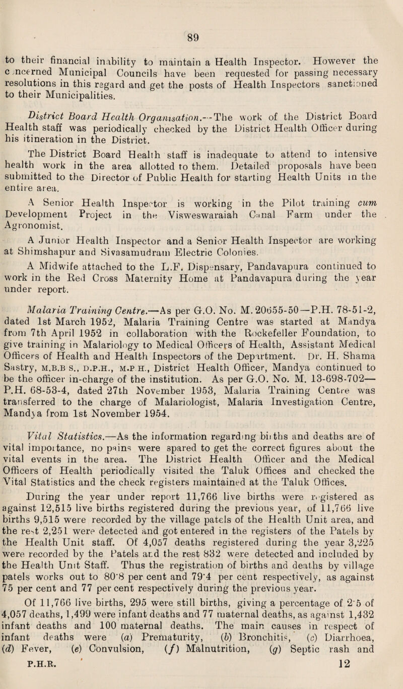 to their financial inability to maintain a Health Inspector. However the cjncerned Municipal Councils have been requested for passing necessary resolutions in this regard and get the posts of Health Inspectors sanctioned to their Municipalities. District Board Health Organisation.--The work of the District Board Health staff was periodically checked by the District Health Officer during his itineration in the District. The District Board Health staff is inadequate to attend to intensive health work in the area allotted to them. Detailed proposals have been submitted to the Director of Public Health for starting Health Units in the entire area. A Senior Health Inspector is working in the Pilot training cum Development Project in the Visweswaraiah Gmal Farm under the Agronomist. A Junior Health Inspector and a Senior Health Inspector are working at Sbimshapur and Sivasamudram Electric Colonies. A Midwife attached to the L.F. Dispensary, Pandavapura continued to work in the Bed Cross Maternity Home at Pandavapura during the year under report. Malaria Training Centre.—As per G.O. No. M. 20655-50—P.H. 78-51-2, dated 1st March 1952, Malaria Training Centre was started at Mandya from 7th April 1952 in collaboration with the Rockefeller Foundation, to give training in Malariology to Medical Officers of Health, Assistant Medical Officers of Health and Health Inspectors of the Department. Dr. H. Shama Sastry, m.b.b s., d.p.h., m.p h., District Health Officer, Mandya continued to be the officer in-charge of the institution. As per G.O. No. M. 13-698-702— P.H. 68-53-4, dated 27th November 1953, Malaria Training Centre was transferred to the charge of Malariologist, Malaria Investigation Centre, Mand}a from 1st November 1954. Vital Statistics.—As the information regarding biiths and deaths are of vital importance, no pains were spared to get the correct figures about the vital events in the area. The District Health Officer and the Medical Officers of Health periodically visited the Taluk Offices and checked the Vital Statistics and the check registers maintained at the Taluk Offices. During the year under report 11,766 live births were registered as against 12,515 live births registered during the previous year, of 11,766 live births 9,515 were recorded by the village patels of the Health Unit area, and the re'J 2,251 were detected and got entered in the registers of the Patels by the Health Unit staff. Of 4,057 deaths registered during the year 3,225 were recorded by the Patels and the rest 832 were detected and included by the Health Unit Staff. Thus the registration of births and deaths by village patels works out to 80'8 per cent and 79*4 per cent respectively, as against 75 per cent and 77 percent respectively during the previous year. Of 11,766 live births, 295 were still births, giving a percentage of 2*5 of 4,057 deaths, 1,499 were infant deaths and 77 maternal deaths, as against 1,432 infant deaths and 100 maternal deaths. The main causes in respect of infant deaths were (a) Prematurity, (5) Bronchitis, (c) Diarrhoea, (d) Fever, (e) Convulsion, (/) Malnutrition, (g) Septic rash and P.H.R.