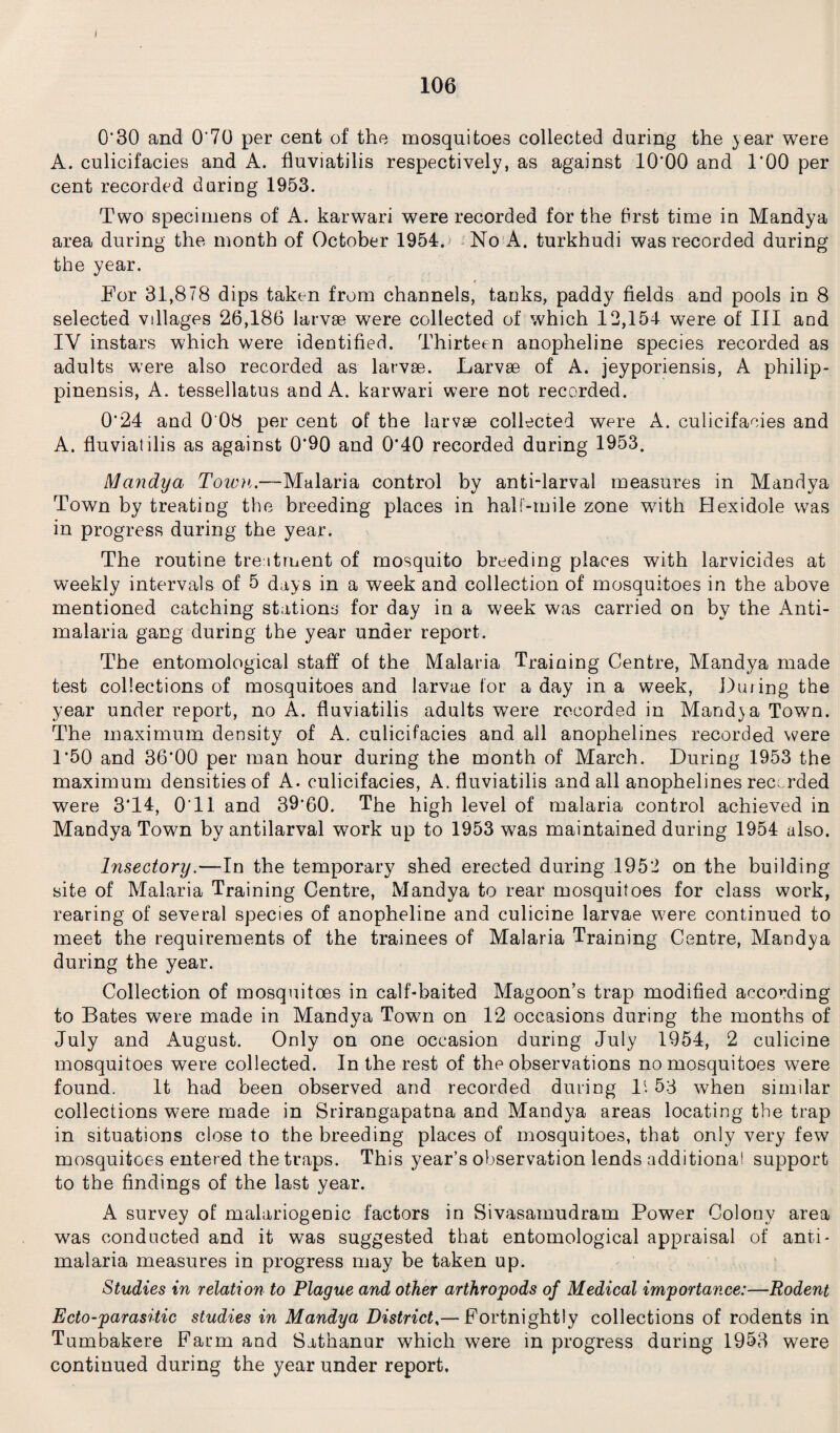 0*30 and O'70 per cent of the mosquitoes collected during the year were A. culicifacies and A. fluviatilis respectively, as against 10*00 and 1*00 per cent recorded daring 1953. Two specimens of A. karwari were recorded for the first time in Mandya area during the month of October 1954. No A. turkhudi was recorded during the year. For 31,878 dips taken from channels, tanks, paddy fields and pools in 8 selected villages 26,186 larvae were collected of which 12,154 were of III and IV instars which were identified. Thirteen anopheline species recorded as adults were also recorded as larvae. Larvae of A. jeyporiensis, A philip- pinensis, A. tessellatus and A. karwari were not recorded. 0*24 and 0 08 per cent of the larvae collected were A. culicifacies and A. fluviatilis as against 0*90 and 0*40 recorded during 1953. Mandya Town.—Malaria control by anti-larval measures in Mandya Town by treating the breeding places in half-mile zone with Hexidole was in progress during the year. The routine treatment of mosquito breeding places with larvicides at weekly intervals of 5 days in a week and collection of mosquitoes in the above mentioned catching stations for day in a week was carried on by the Anti¬ malaria gang during the year under report. The entomological staff of the Malaria Training Centre, Mandya made test collections of mosquitoes and larvae for a day in a week, During the year under report, no A. fluviatilis adults were recorded in Mandya Town. The maximum density of A. culicifacies and all anophelines recorded were 1*50 and 36*00 per man hour during the month of March. During 1953 the maximum densities of A. culicifacies, A. fluviatilis and all anophelines recorded were 3*14, O'll and 39’60. The high level of malaria control achieved in Mandya Town by antilarval work up to 1953 was maintained during 1954 also. lnsectory.—In the temporary shed erected during 1952 on the building site of Malaria Training Centre, Mandya to rear mosquitoes for class work, rearing of several species of anopheline and culicine larvae were continued to meet the requirements of the trainees of Malaria Training Centre, Mandya during the year. Collection of mosquitoes in calf-baited Magoon’s trap modified according to Bates were made in Mandya Town on 12 occasions during the months of July and August. Only on one occasion during July 1954, 2 culicine mosquitoes were collected. In the rest of the observations no mosquitoes were found. It had been observed and recorded during 1(. 53 when similar collections were made in Srirangapatna and Mandya areas locating the trap in situations close to the breeding places of mosquitoes, that only very few mosquitoes entered the traps. This year’s observation lends additional support to the findings of the last year. A survey of malariogenic factors in Sivasamudram Power Colony area was conducted and it was suggested that entomological appraisal of anti- malaria measures in progress may be taken up. Studies in relation to Plague and other arthropods of Medical importance:—Rodent Ecto-parasitic studies in Mandya District,— Fortnightly collections of rodents in Tumbakere Farm and Sathanur which were in progress during 1953 were continued during the year under report.