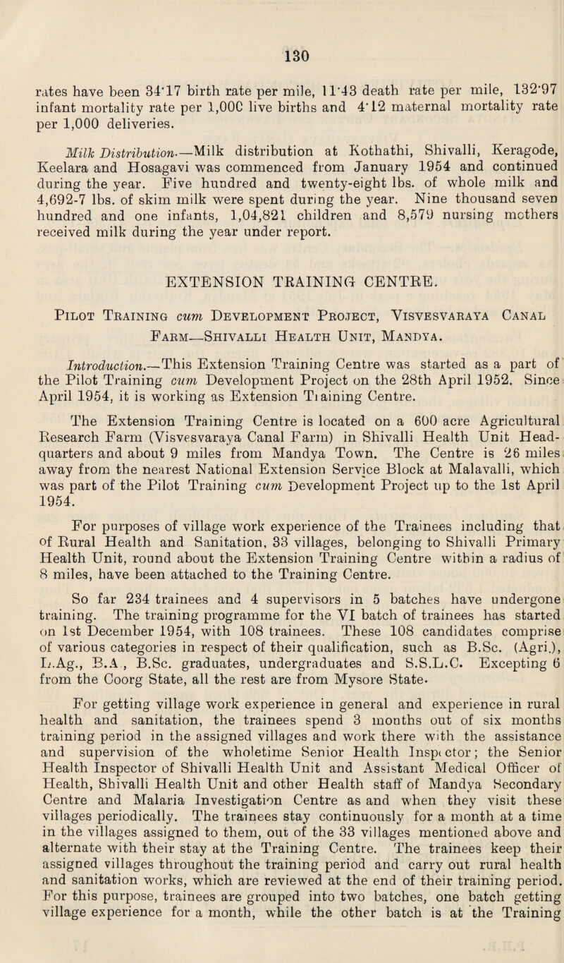 rates have been 34'17 birth rate per mile, 11*43 death rate per mile, 132*97 infant mortality rate per 1,000 live births and 4*12 maternal mortality rate per 1,000 deliveries. Milk Distribution—Milk distribution at Kothathi, Shivalli, Keragode, Keelara and Hosagavi was commenced from January 1954 and continued during the year. Five huudred and twenty-eight lbs. of whole milk and 4,692-7 lbs. of skim milk were spent during the year. Nine thousand seven hundred and one infants, 1,04,821 children and 8,579 nursing mothers received milk during the year under report. EXTENSION TRAINING CENTRE. Pilot Training cum Development Project, Yisvesvaraya Canal Farm—Shivalli Health Unit, Mandya. Introduction.—This Extension Training Centre was started as a part of the Pilot Training cum Development Project on the 28th April 1952. Since April 1954, it is working as Extension Tiaining Centre. The Extension Training Centre is located on a 600 acre Agricultural Research Farm (Yisvesvaraya Canal Farm) in Shivalli Health Unit Head¬ quarters and about 9 miles from Mandya Town. The Centre is 26 miles away from the nearest National Extension Service Block at Malavalli, which was part of the Pilot Training cum Development Project up to the 1st April 1954. For purposes of village work experience of the Trainees including that of Rural Health and Sanitation, 33 villages, belonging to Shivalli Primary Health Unit, round about the Extension Training Centre within a radius of 8 miles, have been attached to the Training Centre. So far 234 trainees and 4 supervisors in 5 batches have undergone training. The training programme for the YI batch of trainees has started on 1st December 1954, with 108 trainees. These 108 candidates comprise of various categories in respect of their qualification, such as B.Sc. (Agri.), L.Ag., B.A , B.Sc. graduates, undergraduates and S.S.L.C. Excepting 6 from the Coorg State, all the rest are from Mysore State- For getting village work experience in general and experience in rural health and sanitation, the trainees spend 3 months out of six months training period in the assigned villages and work there with the assistance and supervision of the wholetime Senior Health Inspector; the Senior Health Inspector of Shivalli Health Unit and Assistant Medical Officer of Health, Shivalli Health Unit and other Health staff of Mandya Secondary Centre and Malaria Investigation Centre as and when they visit these villages periodically. The trainees stay continuously for a month at a time in the villages assigned to them, out of the 33 villages mentioned above and alternate with their stay at the Training Centre. The trainees keep their assigned villages throughout the training period and carry out rural health and sanitation works, which are reviewed at the end of their training period. For this purpose, trainees are grouped into two batches, one batch getting village experience for a month, while the other batch is at the Training