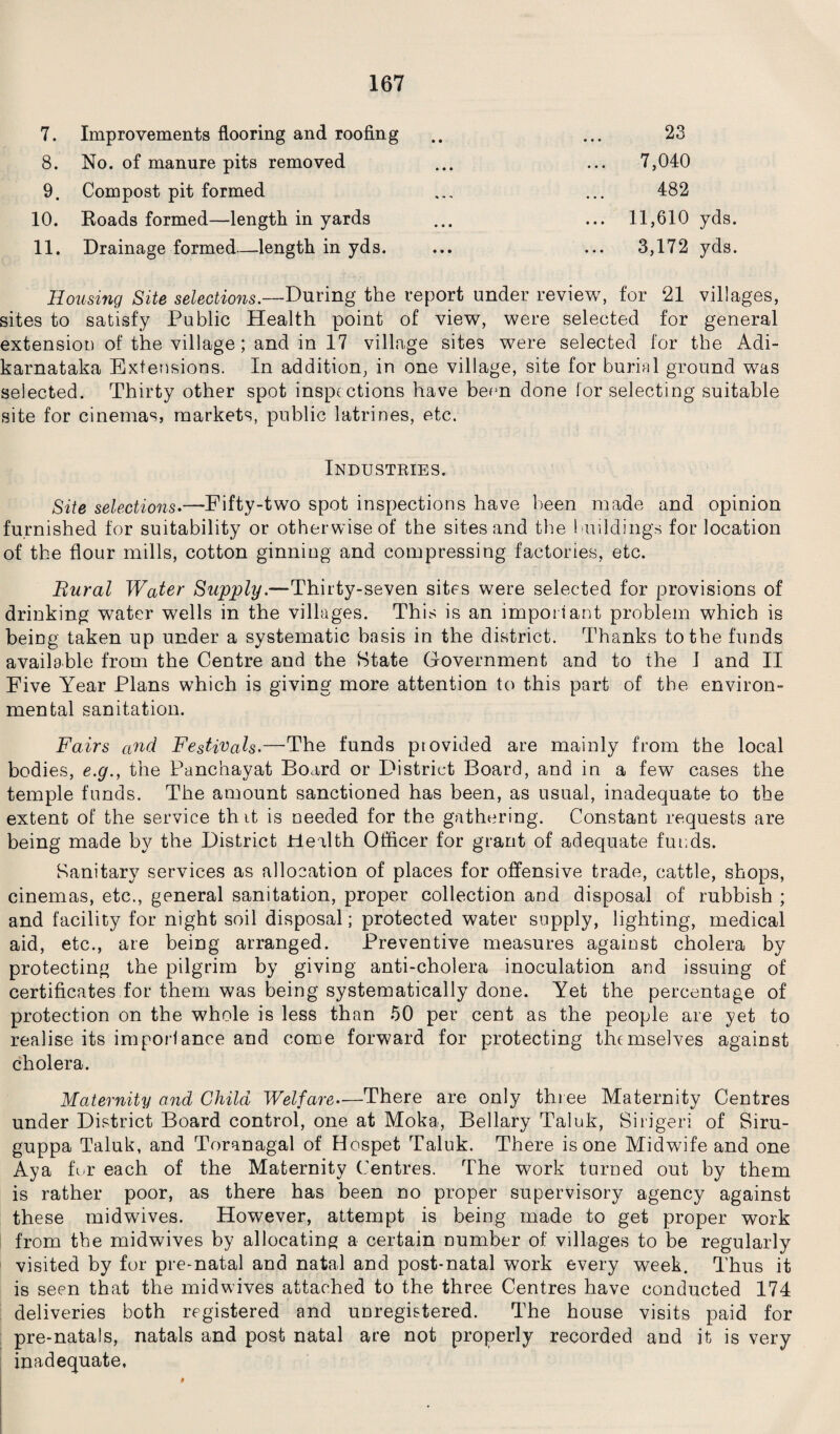 7. Improvements flooring and roofing 23 8. No. of manure pits removed ... 7,040 9. Compost pit formed 482 10. Roads formed—length in yards ... 11,610 yds. 11. Drainage formed—length in yds. 3,172 yds. Housing Site selections.—During the report under review, for 21 villages, sites to satisfy Public Health point of view, were selected for general extension of the village; and in 17 village sites were selected for the Adi- karnataka Extensions. In addition, in one village, site for burial ground was selected. Thirty other spot inspections have been done for selecting suitable site for cinemas, markets, public latrines, etc. Industries. Site selections.—Fifty-two spot inspections have been made and opinion furnished for suitability or otherwise of the sites and the buildings for location of the flour mills, cotton ginning and compressing factories, etc. Bural Water Supply.—Thirty-seven sites were selected for provisions of drinking water wells in the villages. This is an important problem which is being taken up under a systematic basis in the district. Thanks to the funds available from the Centre and the State Government and to the 1 and II Five Year Plans which is giving more attention to this part of the environ- mental sanitation. Fairs and Festivals.—The funds provided are mainly from the local bodies, e.g., the Panchayat Board or District Board, and in a few cases the temple funds. The amount sanctioned has been, as usual, inadequate to the extent of the service th it is needed for the gathering. Constant requests are being made by the District Wealth Officer for grant of adequate funds. Sanitary services as allocation of places for offensive trade, cattle, shops, cinemas, etc., general sanitation, proper collection and disposal of rubbish ; and facility for night soil disposal; protected water supply, lighting, medical aid, etc., are being arranged. Preventive measures against cholera by protecting the pilgrim by giving anti-cholera inoculation and issuing of certificates for them was being systematically done. Yet the percentage of protection on the whole is less than 50 per cent as the people are yet to realise its importance and come forward for protecting themselves against cholera. Maternity and Child Welfare—There are only three Maternity Centres under District Board control, one at Moka, Bellary Taluk, Sirigeri of Siru- guppa Taluk, and Toranagal of Hospet Taluk. There is one Midwife and one Aya for each of the Maternity Centres. The work turned out by them is rather poor, as there has been no proper supervisory agency against these midwives. However, attempt is being made to get proper work from the midwives by allocating a certain number of villages to be regularly visited by for pre-natal and natal and post-natal work every week. Thus it is seen that the midwives attached to the three Centres have conducted 174 deliveries both registered and unregistered. The house visits paid for pre-natals, natals and post natal are not properly recorded and it is very inadequate.