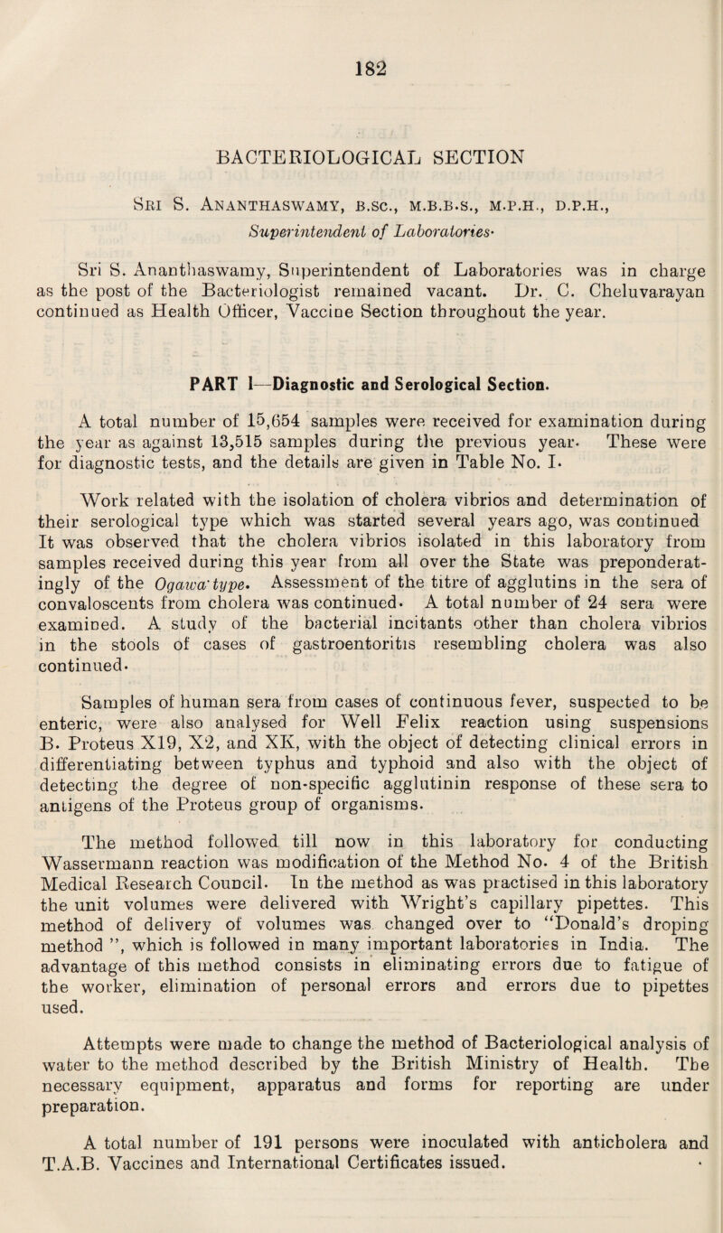 BACTERIOLOGICAL SECTION Ski S. Ananthaswamy, b.sc., m.b.b.s., m.p.h., d.p.h., Superintendent of Laboratories- Sri S. Ananthaswamy, Superintendent of Laboratories was in charge as the post of the Bacteriologist remained vacant. Dr. C. Cheluvarayan continued as Health Officer, Vaccine Section throughout the year. PART 1—Diagnostic and Serological Section. A total number of 15,654 samples were received for examination during the year as against 13,515 samples during the previous year- These were for diagnostic tests, and the details are given in Table No. I* Work related with the isolation of cholera vibrios and determination of their serological type which was started several years ago, was continued It was observed that the cholera vibrios isolated in this laboratory from samples received during this year from all over the State was preponderat¬ ing^ of the Ogawa'type* Assessment of the titre of agglutins in the sera of convaloscents from cholera was continued* A total number of 24 sera were examined. A study of the bacterial incitants other than cholera vibrios in the stools of cases of gastroentoritis resembling cholera was also continued. Samples of human sera from cases of continuous fever, suspected to be enteric, were also analysed for Well Felix reaction using suspensions B* Proteus X19, X2, and XK, with the object of detecting clinical errors in differentiating between typhus and typhoid and also with the object of detecting the degree of non-specific agglutinin response of these sera to antigens of the Proteus group of organisms. The method followed till now in this laboratory for conducting Wassermann reaction was modification of the Method No* 4 of the British Medical Research Council. In the method as was practised in this laboratory the unit volumes were delivered with Wright’s capillary pipettes. This method of delivery of volumes was changed over to “Donald’s droping method ”, which is followed in many important laboratories in India. The advantage of this method consists in eliminating errors due to fatigue of the worker, elimination of personal errors and errors due to pipettes used. Attempts were made to change the method of Bacteriological analysis of water to the method described by the British Ministry of Health. The necessary equipment, apparatus and forms for reporting are under preparation. A total number of 191 persons were inoculated with anticbolera and T.A.B. Vaccines and International Certificates issued.