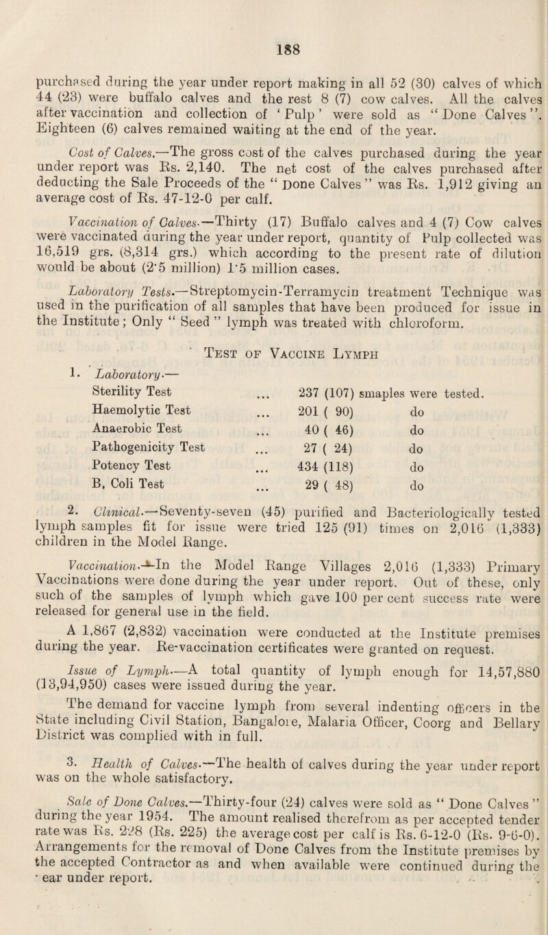 purchased during the year under report making in all 52 (30) calves of which 44 (23) were buffalo calves and the rest 8 (7) cow calves. All the calves after vaccination and collection of ‘Pulp’ were sold as “Done Calves5’. Eighteen (6) calves remained waiting at the end of the year. Cost of Calves.—The gross cost of the calves purchased daring the year under report was Rs. 2,140. The net cost of the calves purchased after deducting the Sale Proceeds of the “ Done Calves ” was Rs. 1,912 giving an average cost of Rs. 47-12-0 per calf. Vaccination of Calves*—Thirty (17) Buffalo calves and 4 (7) Cow calves were vaccinated daring the year under report, quantity of Pulp collected was 16,519 grs. (8,314 grs.) which according to the present rate of dilution would be about (2*5 million) 1*5 million cases. Laboratory Tests.—Streptomycin-Terramycin treatment Technique was used in the purification of all samples that have been produced for issue in the Institute; Only “ Seed ” lymph was treated with chloroform. Test of Vaccine Lymph L Laboratory•— Sterility Test Haemolytic Test Anaerobic Test Pathogenicity Test Potency Test B, Coli Test 237 (107) smaples were tested. 201 ( 90) do 40 ( 46) do 27 ( 24) do 434 (118) do 29 ( 48) do 2. Clinical-—-Seventy-seven (45) purified and Bacteriologically tested lymph samples fit for issue were tried 125(91) times on 2,0L6 (1,333) children in the Model Range. Vaccination--*-In the Model Range Villages 2,016 (1,333) Primary Vaccinations were done during the year under report. Out of these, only such of the samples of lymph which gave 100 per cent success rate were released for general use in the field. A 1,867 (2,832) vaccination were conducted at the Institute premises during the year. Re-vaccination certificates were granted on request. Issue of Lymph—A total quantity of lymph enough for 14,57,880 (13,94,950) cases were issued during the year. The demand for vaccine lymph from several indenting officers in the btate including Civil Station, Bangalore, Malaria Officer, Coorg and Bellary District was complied with in full. 3. Health of Calves-—The health of calves during the year underreport was on the whole satisfactory. «/ Sale of Done Calves.—Thirty-four (24) calves were sold as “ Done Calves ’’ during the year 1954. The amount realised therefrom as per accepted tender rate was Rs. 228 (Rs. 225) the average cost per calf is Rs. 6-12-0 (Rs. 9-6-0) . Arrangements for the removal of Done Calves from the Institute premises by the accepted Contractor as and when available w7ere continued during the T ear under report. .