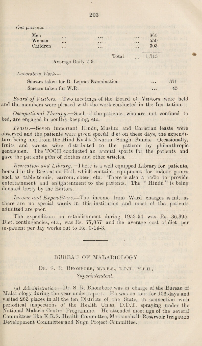 Out-patients— Men Women Children • • • 860 550 303 Average Daily 7-9 Total 1,713 Laboratory Work — Smears taken for B. Leprae Examination Smears taken for W.R. 371 45 Board of Visitors.—Two meetings of the Board of Visitors were held and the members were pleased with the work conducted in the Institution. Occupational Therapy.-— Such of the patients who are not confined to bed, are engaged in poultry-keeping, etc. Feasts—-Seven important Hindu, Muslim and Christian feasts were observed and the patients were gHen special diet on these days, the expendi¬ ture being met from the Hind Kusht Nivaran Sangh Funds. Occasionally, fruits and sweets were distributed to the patients by philanthropic gentlemen. The TOCH conducted an annual sports for the patients and gave the patients gifts of clothes and other articles. Recreation and Library.—There is a well equipped Library for patients, housed in the Recreation Hall, which contains equipment for indoor games such as table tennis, carrom, chess, etc. There is also a radio to provide entertainment and enlightenment to the patients. The “ Hindu ” is being donated freely by the Editors. Income and Expenditure.—The income from Ward charges is nil, as there are no special wards in this institution and most of the patients admitted are poor. The expenditure on establishment during 1953-54 was Es. 36,395. Diet, contingencies, etc., was Es. 77,857 and the average cost of diet per in-patient per day works out to Ee. 0-14-3. BUREAU OF MALA RIO LOGY Dr. S. E. Bhombore, m.b.b.s., d.p.h., m.p.h., Superintendent. (a) Administration*—Dr. 8. E. Bhombore was in charge of the Bureau of Malariology during the year under report. He was on tour for 106 days and visited 263 places in all the ten Districts of the State, in connection with periodical inspections of the Health Units, D.D.T. spraying under the National Malaria Control Programme. He attended meetings of the several Committees like K.R.S. Health Committee, Marconahalli Reservoir Irrigation Development Committee and Nugu Project Committee.