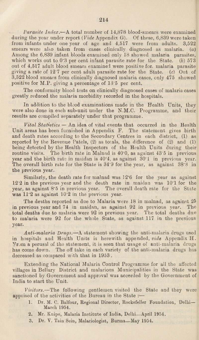 Parasite Index.—A total number of 14,878 blood-smears were examined during the year under report (Vide Appendix G). Of these, 6,839 were taken from infants under one year of age and 4,517 were from adults. 3,522 smears were also taken from cases clinically diagnosed as malaria, (a) Among the 6,839 infant bloods examined only 18 showed malaria parasites, which works out to 0*3 per cent infant parasite rate for the State. (b) 573 out of 4,517 adult blood smears examined were positive for malaria parasite giving a rate of 12'7 per cent adult parasite rate for the State, (c) Out of 3,522 blood smears from clinically diagnosed malaria cases, only 475 showed positive for M.P. giving a percentage of 13*5 per cent. The conformity blood tests on clinically diagnosed cases of malaria cases greatly reduced the malaria morbidity recorded in the hospitals. In addition to the blood examinations made in the Health Units, they were also done in each sub-unit under the N.M.C. Programme, and their results are compiled separately under that programme. Vital Statistics — An idea of vital events that occurred in the Health Unit areas has been furnished in Appendix F. The statement gives birth and death rates according to the Secondary Centres in each district, (1) as reported by the Revenue Patels, (2) as totals, the difference of (2) and (1) being detected by the Health Inspectors of the Health Units during their routine visits. The birth rate in Malnad is 40'0, as against 43’5 in previous year and the birth rate in maidan is 40*4, as against 30’1 in previous year. The overall birth rate for the State is 34'9 for the year, as against 38*3 in the previous year. Similarly, the death rate for malnad was 12*6 for the year as against 12'2 in the previous year and the death rate in maidan was 10T for the year, as against 8'5 in previous year. The overall death rate for the State was 1P2 as against 10*2 in the previous year. The deaths reported as due to Malaria were 18 in malnad, as against 25 in previous year and 74 in maidan, as against 92 in previous year. The total deaths due to malaria were 92 in previous year. The total deaths due to malaria were 92 for the whole State, as against 117 in the previous year. Anti-malaria Drugs.—A statement showing the anti-malaria drugs used in hospitals and Health Units is herewith appended, vide Appendix H. From a perusal of the statement, it is seen that usage of anti-malaria drugs has come down. The off take in each variety of the anti-malaria drugs has decreased as compared with that in 1953 . Extending the National Malaria Control Programme for all the affected villages in Bellary District and malarious Municipalities in the State was sanctioned by Government and approval was accorded by the Government of India to start the Unit. Visitors.—The following gentlemen visited the State and they were apprised of the activities of the Bureau in the State — 1. Dr. M. C. Balfour, Regional Director, Rockefeller Foundation, Delhi— March 1954. 2. Mr. Knipe, Malaria Institute of India, Delhi—April 1954. 3. Dr. Y. Tain Sein, Malariologist, Burma—May 1954,