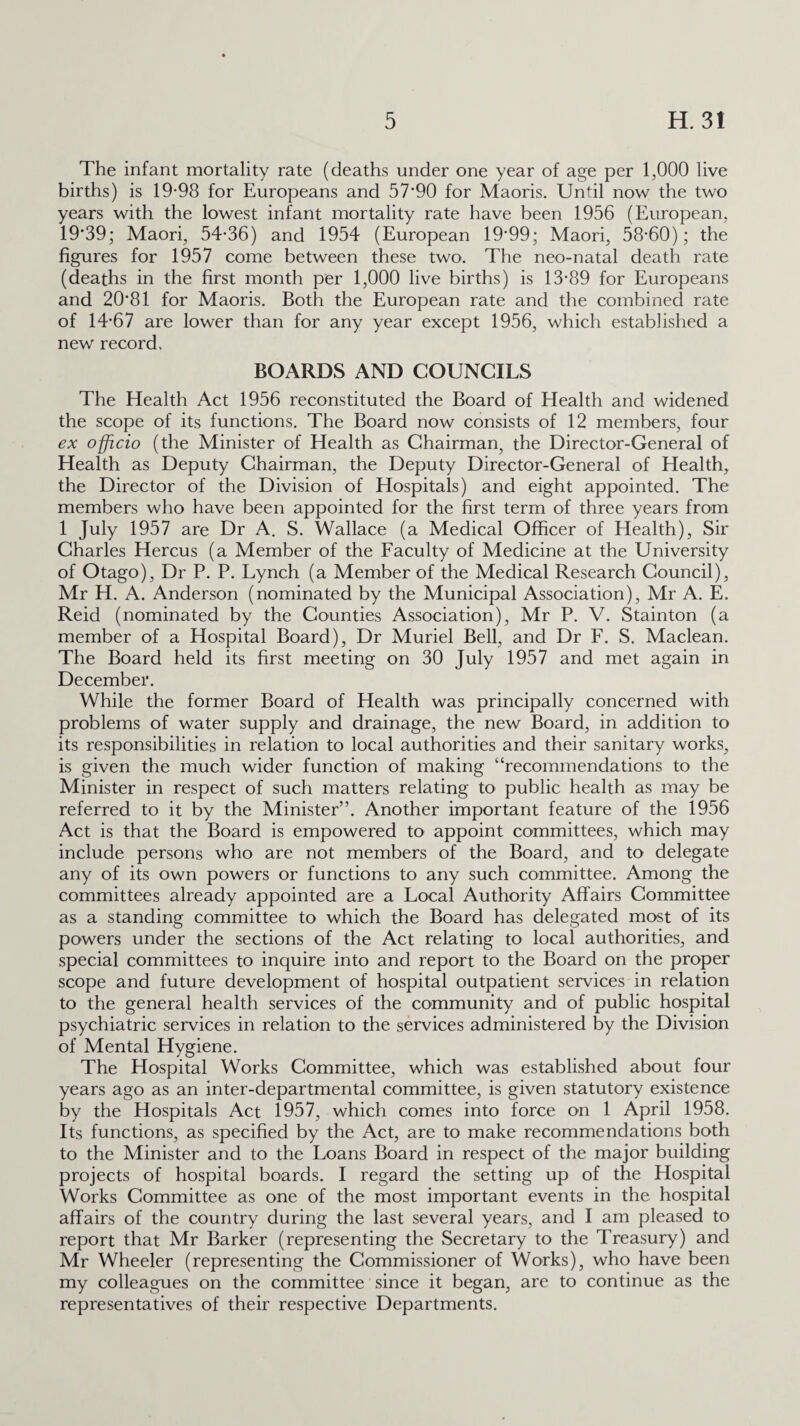 The infant mortality rate (deaths under one year of age per 1,000 live births) is 19-98 for Europeans and 57*90 for Maoris. Until now the two years with the lowest infant mortality rate have been 1956 (European, 19*39; Maori, 54-36) and 1954 (European 19*99; Maori, 58-60); the figures for 1957 come between these two. The neo-natal death rate (deaths in the first month per 1,000 live births) is 13*89 for Europeans and 20*81 for Maoris. Both the European rate and the combined rate of 14-67 are lower than for any year except 1956, which established a new record. BOARDS AND COUNCILS The Health Act 1956 reconstituted the Board of Health and widened the scope of its functions. The Board now consists of 12 members, four ex officio (the Minister of Health as Chairman, the Director-General of Health as Deputy Chairman, the Deputy Director-General of Health, the Director of the Division of Hospitals) and eight appointed. The members who have been appointed for the first term of three years from 1 July 1957 are Dr A. S. Wallace (a Medical Officer of Health), Sir Charles Hercus (a Member of the Faculty of Medicine at the University of Otago), Dr P. P. Lynch (a Member of the Medical Research Council), Mr H. A. Anderson (nominated by the Municipal Association), Mr A. E. Reid (nominated by the Counties Association), Mr P. V. Stainton (a member of a Hospital Board), Dr Muriel Bell, and Dr F. S. Maclean. The Board held its first meeting on 30 July 1957 and met again in December. While the former Board of Health was principally concerned with problems of water supply and drainage, the new Board, in addition to its responsibilities in relation to local authorities and their sanitary works, is given the much wider function of making “recommendations to the Minister in respect of such matters relating to public health as may be referred to it by the Minister”. Another important feature of the 1956 Act is that the Board is empowered to appoint committees, which may include persons who are not members of the Board, and to delegate any of its own powers or functions to any such committee. Among the committees already appointed are a Local Authority Affairs Committee as a standing committee to which the Board has delegated most of its powers under the sections of the Act relating to local authorities, and special committees to inquire into and report to the Board on the proper scope and future development of hospital outpatient services in relation to the general health services of the community and of public hospital psychiatric services in relation to the services administered by the Division of Mental Hygiene. The Hospital Works Committee, which was established about four years ago as an inter-departmental committee, is given statutory existence by the Hospitals Act 1957, which comes into force on 1 April 1958. Its functions, as specified by the Act, are to make recommendations both to the Minister and to the Loans Board in respect of the major building projects of hospital boards. I regard the setting up of the Hospital Works Committee as one of the most important events in the hospital affairs of the country during the last several years, and I am pleased to report that Mr Barker (representing the Secretary to the Treasury) and Mr Wheeler (representing the Commissioner of Works), who have been my colleagues on the committee since it began, are to continue as the representatives of their respective Departments.