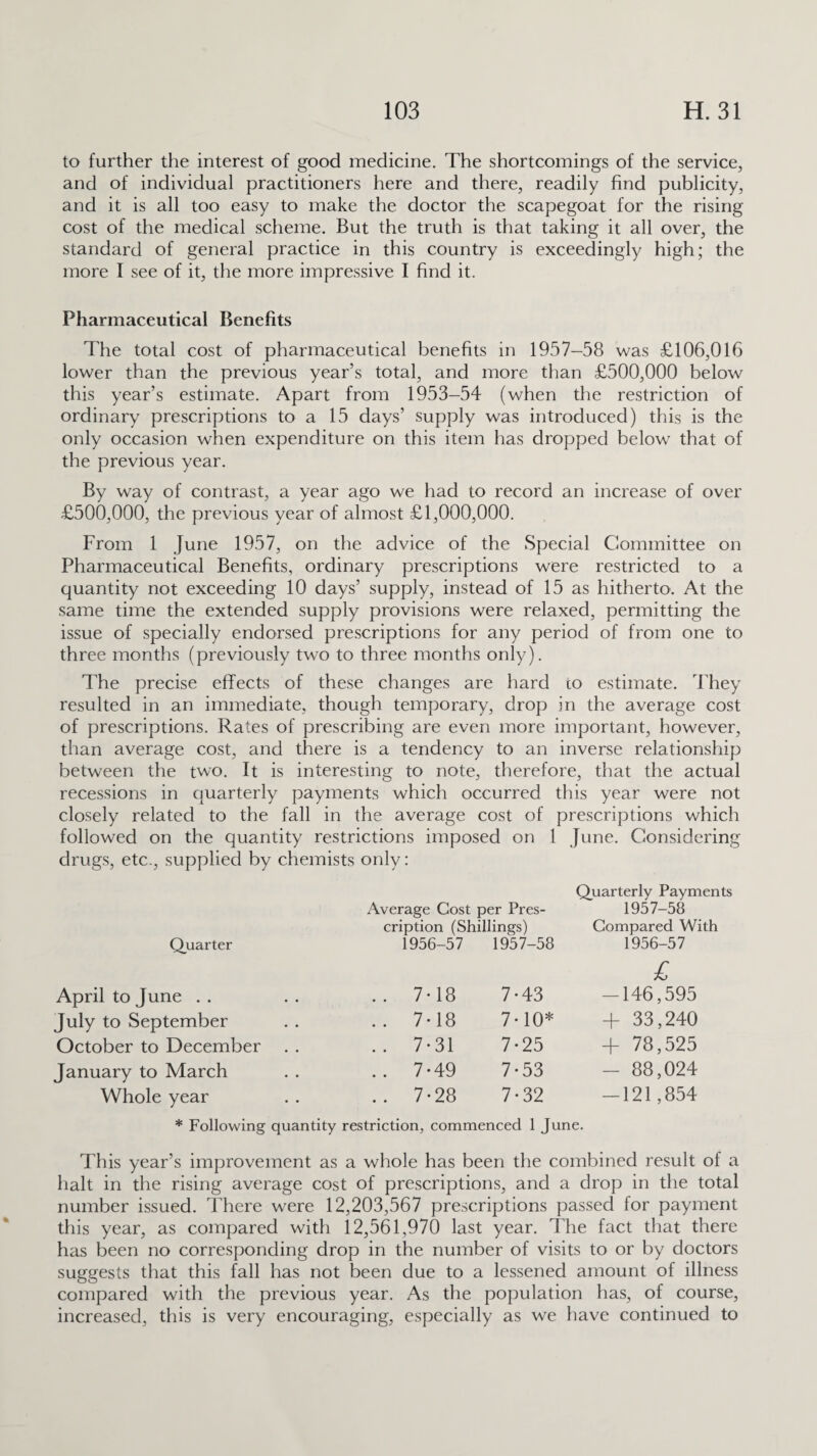 to further the interest of good medicine. The shortcomings of the service, and of individual practitioners here and there, readily find publicity, and it is all too easy to make the doctor the scapegoat for the rising cost of the medical scheme. But the truth is that taking it all over, the standard of general practice in this country is exceedingly high; the more I see of it, the more impressive I find it. Pharmaceutical Benefits The total cost of pharmaceutical benefits in 1957—58 was £106,016 lower than the previous year’s total, and more than £500,000 below this year’s estimate. Apart from 1953-54 (when the restriction of ordinary prescriptions to a 15 days’ supply was introduced) this is the only occasion when expenditure on this item has dropped below7 that of the previous year. By way of contrast, a year ago we had to record an increase of over £500,000, the previous year of almost £1,000,000. From 1 June 1957, on the advice of the Special Committee on Pharmaceutical Benefits, ordinary prescriptions were restricted to a quantity not exceeding 10 days’ supply, instead of 15 as hitherto. At the same time the extended supply provisions were relaxed, permitting the issue of specially endorsed prescriptions for any period of from one to three months (previously two to three months only). The precise effects of these changes are hard to estimate. They resulted in an immediate, though temporary, drop in the average cost of prescriptions. Rates of prescribing are even more important, however, than average cost, and there is a tendency to an inverse relationship between the two. It is interesting to note, therefore, that the actual recessions in quarterly payments which occurred this year were not closely related to the fall in the average cost of prescriptions which followed on the quantity restrictions imposed on 1 June. Considering drugs, etc., supplied by chemists only: Average Cost per Pres¬ Quarterly Payments 1957-58 cription (Shillings) Compared With Quarter 1956-57 1957-58 1956-57 April to June .. 7*18 7-43 l -146,595 July to September .. 7-18 7-10* + 33,240 October to December .. 7-31 7*25 + 78,525 January to March .. 7-49 7-53 - 88,024 Whole year .. 7-28 7-32 -121,854 * Following quantity restriction, commenced 1 June. This year’s improvement as a whole has been the combined result of a halt in the rising average cost of prescriptions, and a drop in the total number issued. There were 12,203,567 prescriptions passed for payment this year, as compared with 12,561,970 last year. The fact that there has been no corresponding drop in the number of visits to or by doctors suggests that this fall has not been due to a lessened amount of illness compared with the previous year. As the population has, of course, increased, this is very encouraging, especially as we have continued to