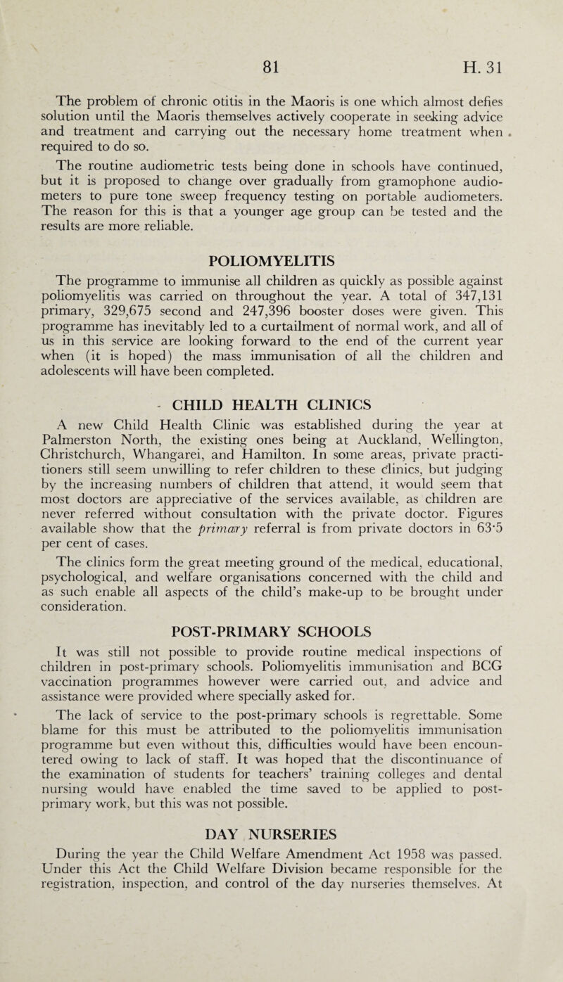 The problem of chronic otitis in the Maoris is one which almost defies solution until the Maoris themselves actively cooperate in seeking advice and treatment and carrying out the necessary home treatment when . required to do so. The routine audiometric tests being done in schools have continued, but it is proposed to change over gradually from gramophone audio¬ meters to pure tone sweep frequency testing on portable audiometers. The reason for this is that a younger age group can be tested and the results are more reliable. POLIOMYELITIS The programme to immunise all children as quickly as possible against poliomyelitis was carried on throughout the year. A total of 347,131 primary, 329,675 second and 247,396 booster doses were given. This programme has inevitably led to a curtailment of normal work, and all of us in this service are looking forward to the end of the current year when (it is hoped) the mass immunisation of all the children and adolescents will have been completed. - CHILD HEALTH CLINICS A new Child Health Clinic was established during the year at Palmerston North, the existing ones being at Auckland, Wellington, Christchurch, Whangarei, and Hamilton. In some areas, private practi¬ tioners still seem unwilling to refer children to these clinics, but judging by the increasing numbers of children that attend, it would seem that most doctors are appreciative of the services available, as children are never referred without consultation with the private doctor. Figures available show that the primary referral is from private doctors in 63'5 per cent of cases. The clinics form the great meeting ground of the medical, educational, psychological, and welfare organisations concerned with the child and as such enable all aspects of the child’s make-up to be brought under consideration. POST-PRIMARY SCHOOLS It was still not possible to provide routine medical inspections of children in post-primary schools. Poliomyelitis immunisation and BCG vaccination programmes however were carried out, and advice and assistance were provided where specially asked for. The lack of service to the post-primary schools is regrettable. Some blame for this must be attributed to the poliomyelitis immunisation programme but even without this, difficulties would have been encoun¬ tered owing to lack of staff. It was hoped that the discontinuance of the examination of students for teachers’ training colleges and dental nursing would have enabled the time saved to be applied to post¬ primary work, but this was not possible. DAY NURSERIES During the year the Child Welfare Amendment Act 1958 was passed. Under this Act the Child Welfare Division became responsible for the registration, inspection, and control of the day nurseries themselves. At