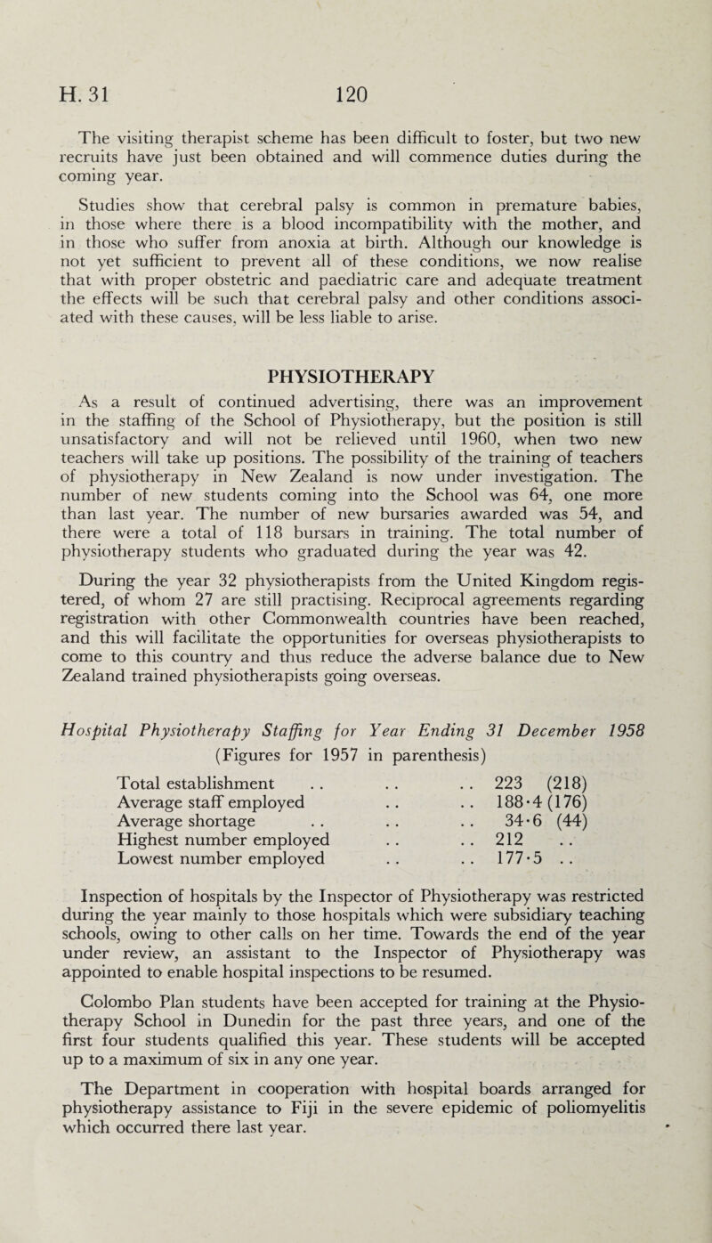 The visiting therapist scheme has been difficult to foster, but two new recruits have just been obtained and will commence duties during the coming year. Studies show that cerebral palsy is common in premature babies, in those where there is a blood incompatibility with the mother, and in those who suffer from anoxia at birth. Although our knowledge is not yet sufficient to prevent all of these conditions, we now realise that with proper obstetric and paediatric care and adequate treatment the effects will be such that cerebral palsy and other conditions associ¬ ated with these causes, will be less liable to arise. PHYSIOTHERAPY As a result of continued advertising, there was an improvement in the staffing of the School of Physiotherapy, but the position is still unsatisfactory and will not be relieved until 1960, when two new teachers will take up positions. The possibility of the training of teachers of physiotherapy in New Zealand is now under investigation. The number of new students coming into the School was 64, one more than last year. The number of new bursaries awarded was 54, and there were a total of 118 bursars in training. The total number of physiotherapy students who graduated during the year was 42. During the year 32 physiotherapists from the United Kingdom regis¬ tered, of whom 27 are still practising. Reciprocal agreements regarding registration with other Commonwealth countries have been reached, and this will facilitate the opportunities for overseas physiotherapists to come to this country and thus reduce the adverse balance due to New Zealand trained physiotherapists going overseas. Hospital Physiotherapy Staffing for Year Ending 31 December 1958 (Figures for 1957 in parenthesis) Total establishment . . . . . . 223 (218) Average staff employed . . . . 188-4 (176) Average shortage . . . . . . 34*6 (44) Highest number employed . . . . 212 Lowest number employed .. .. 177-5 .. Inspection of hospitals by the Inspector of Physiotherapy was restricted during the year mainly to those hospitals which were subsidiary teaching schools, owing to other calls on her time. Towards the end of the year under review, an assistant to the Inspector of Physiotherapy was appointed to enable hospital inspections to be resumed. Colombo Plan students have been accepted for training at the Physio¬ therapy School in Dunedin for the past three years, and one of the first four students qualified this year. These students will be accepted up to a maximum of six in any one year. The Department in cooperation with hospital boards arranged for physiotherapy assistance to Fiji in the severe epidemic of poliomyelitis which occurred there last year.