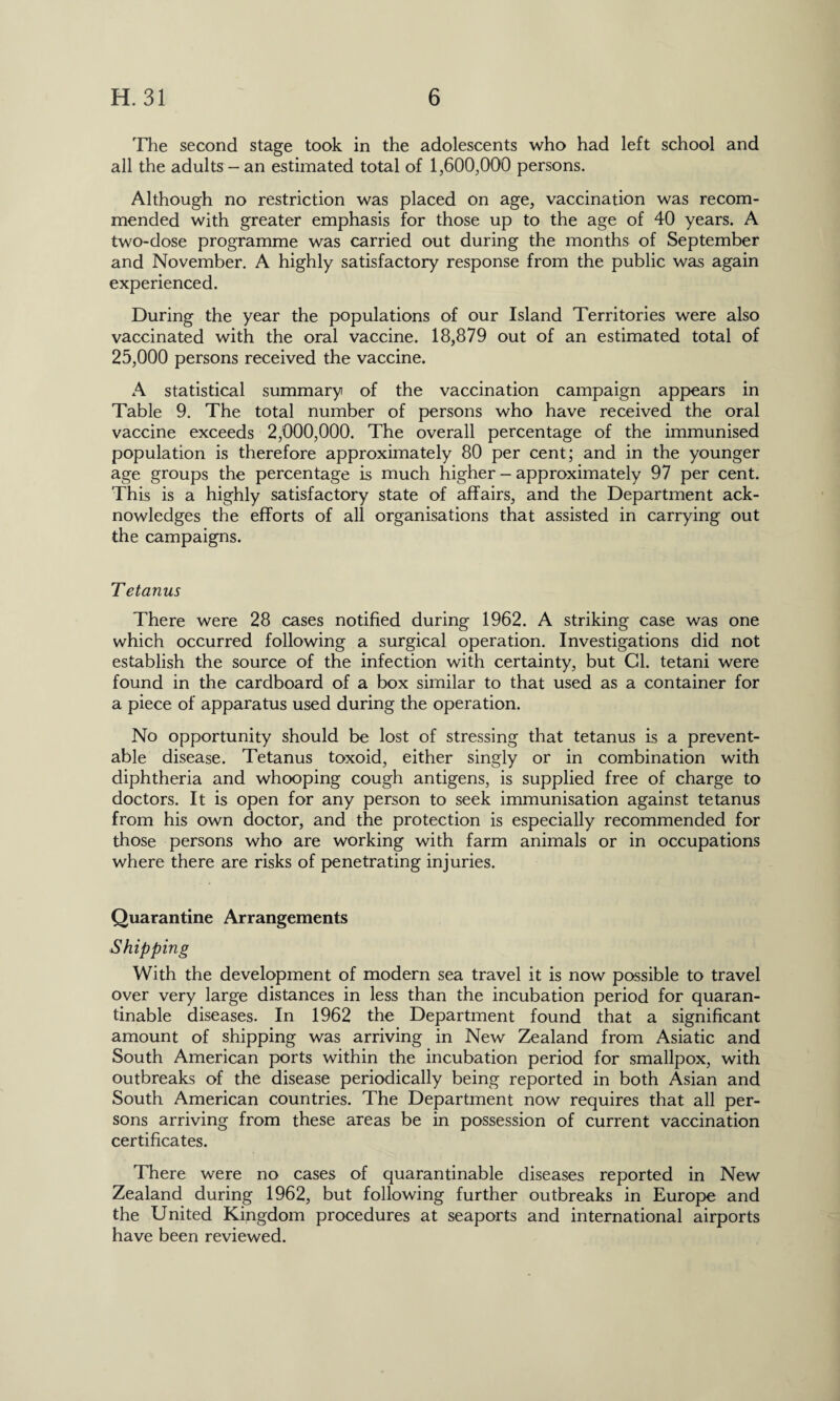 The second stage took in the adolescents who had left school and all the adults - an estimated total of 1,600,000 persons. Although no restriction was placed on age, vaccination was recom¬ mended with greater emphasis for those up to the age of 40 years. A two-dose programme was carried out during the months of September and November. A highly satisfactory response from the public was again experienced. During the year the populations of our Island Territories were also vaccinated with the oral vaccine. 18,879 out of an estimated total of 25,000 persons received the vaccine. A statistical summary of the vaccination campaign appears in Table 9. The total number of persons who have received the oral vaccine exceeds 2,000,000. The overall percentage of the immunised population is therefore approximately 80 per cent; and in the younger age groups the percentage is much higher - approximately 97 per cent. This is a highly satisfactory state of affairs, and the Department ack¬ nowledges the efforts of all organisations that assisted in carrying out the campaigns. Tetanus There were 28 cases notified during 1962. A striking case was one which occurred following a surgical operation. Investigations did not establish the source of the infection with certainty, but Cl. tetani were found in the cardboard of a box similar to that used as a container for a piece of apparatus used during the operation. No opportunity should be lost of stressing that tetanus is a prevent¬ able disease. Tetanus toxoid, either singly or in combination with diphtheria and whooping cough antigens, is supplied free of charge to doctors. It is open for any person to seek immunisation against tetanus from his own doctor, and the protection is especially recommended for those persons who are working with farm animals or in occupations where there are risks of penetrating injuries. Quarantine Arrangements Shipping With the development of modern sea travel it is now possible to travel over very large distances in less than the incubation period for quaran- tinable diseases. In 1962 the Department found that a significant amount of shipping was arriving in New Zealand from Asiatic and South American ports within the incubation period for smallpox, with outbreaks of the disease periodically being reported in both Asian and South American countries. The Department now requires that all per¬ sons arriving from these areas be in possession of current vaccination certificates. There were no cases of quarantinable diseases reported in New Zealand during 1962, but following further outbreaks in Europe and the United Kingdom procedures at seaports and international airports have been reviewed.