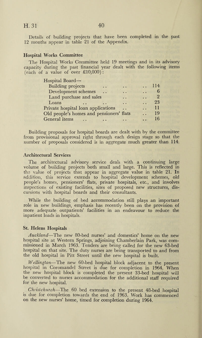 Details of building projects that have been completed in the past 12 months appear in table 21 of the Appendix. Hospital Works Committee The Hospital Works Committee held 19 meetings and in its advisory capacity during the past financial year dealt with the following items (each of a value of over £10,000): Hospital Board—- Building projects .. 114 Development schemes 6 Land purchase and sales 2 Loans .. .. . . .. 23 Private hospital loan applications 11 Old people’s homes and pensioners’ flats 19 General items 16 Building proposals for hospital boards are dealt with by the committee from provisional approval right through each design stage so that the number of proposals considered is in aggregate much greater than 114. Architectural Services The architectural advisory service deals with a continuing large volume of building projects both small and large. This is reflected in the value of projects that appear in aggregate value in table 21. In addition, this service extends to hospital development schemes, old people’s homes, pensioners’ flats, private hospitals, etc., and involves inspections of existing facilities, sites of proposed new structures, dis¬ cussions with hospital boards and their consultants. While the building of bed accommodation still plays an important role in new buildings, emphasis has recently been on the provision of more adequate outpatients’ facilities in an endeavour to reduce the inpatient loads in hospitals. St. Helens Hospitals Auckland—The new 80-bed nurses’ and domestics’ home on the new hospital site at Western Springs, adjoining Chamberlain Park, was com¬ missioned in March 1963. Tenders are being called for the new 63-bed hospital on that site. The duty nurses are being transported to and from the old hospital in Pitt Street until the new hospital is built. Wellington—The new 60-bed hospital block adjacent to the present hospital in Coromandel Street is due for completion in 1964. When the new hospital block is completed the present 33-bed hospital will be converted to nurses accommodation for the additional staff required for the new hospital. Christchurch—The 60 bed extension to the present 48-bed hospital is due for completion towards the end of 1963. Work has commenced on the new nurses’ home, timed for completion during 1964.