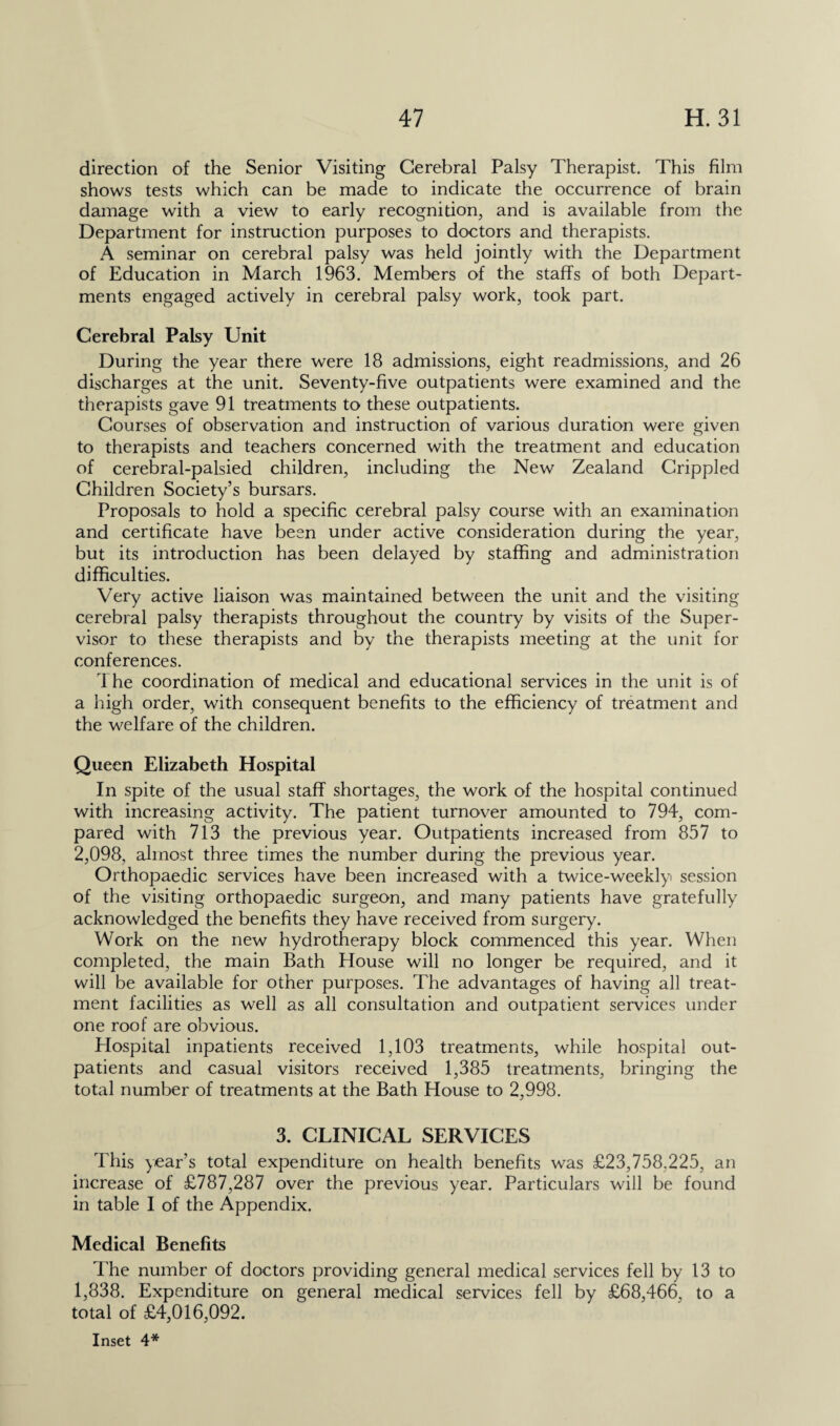 direction of the Senior Visiting Cerebral Palsy Therapist. This film shows tests which can be made to indicate the occurrence of brain damage with a view to early recognition, and is available from the Department for instruction purposes to doctors and therapists. A seminar on cerebral palsy was held jointly with the Department of Education in March 1963. Members of the staffs of both Depart¬ ments engaged actively in cerebral palsy work, took part. Cerebral Palsy Unit During the year there were 18 admissions, eight readmissions, and 26 discharges at the unit. Seventy-five outpatients were examined and the therapists gave 91 treatments to these outpatients. Courses of observation and instruction of various duration were given to therapists and teachers concerned with the treatment and education of cerebral-palsied children, including the New Zealand Crippled Children Society’s bursars. Proposals to hold a specific cerebral palsy course with an examination and certificate have been under active consideration during the year, but its introduction has been delayed by staffing and administration difficulties. Very active liaison was maintained between the unit and the visiting cerebral palsy therapists throughout the country by visits of the Super¬ visor to these therapists and by the therapists meeting at the unit for conferences. 1 he coordination of medical and educational services in the unit is of a high order, with consequent benefits to the efficiency of treatment and the welfare of the children. Queen Elizabeth Hospital In spite of the usual staff shortages, the work of the hospital continued with increasing activity. The patient turnover amounted to 794, com¬ pared with 713 the previous year. Outpatients increased from 857 to 2,098, almost three times the number during the previous year. Orthopaedic services have been increased with a twice-weekly session of the visiting orthopaedic surgeon, and many patients have gratefully acknowledged the benefits they have received from surgery. Work on the new hydrotherapy block commenced this year. When completed, the main Bath House will no longer be required, and it will be available for other purposes. The advantages of having all treat¬ ment facilities as well as all consultation and outpatient services under one roof are obvious. Hospital inpatients received 1,103 treatments, while hospital out¬ patients and casual visitors received 1,385 treatments, bringing the total number of treatments at the Bath House to 2,998. 3. CLINICAL SERVICES This year’s total expenditure on health benefits was £23,758.225, an increase of £787,287 over the previous year. Particulars will be found in table I of the Appendix. Medical Benefits The number of doctors providing general medical services fell by 13 to 1,838. Expenditure on general medical services fell by £68,466, to a total of £4,016,092.