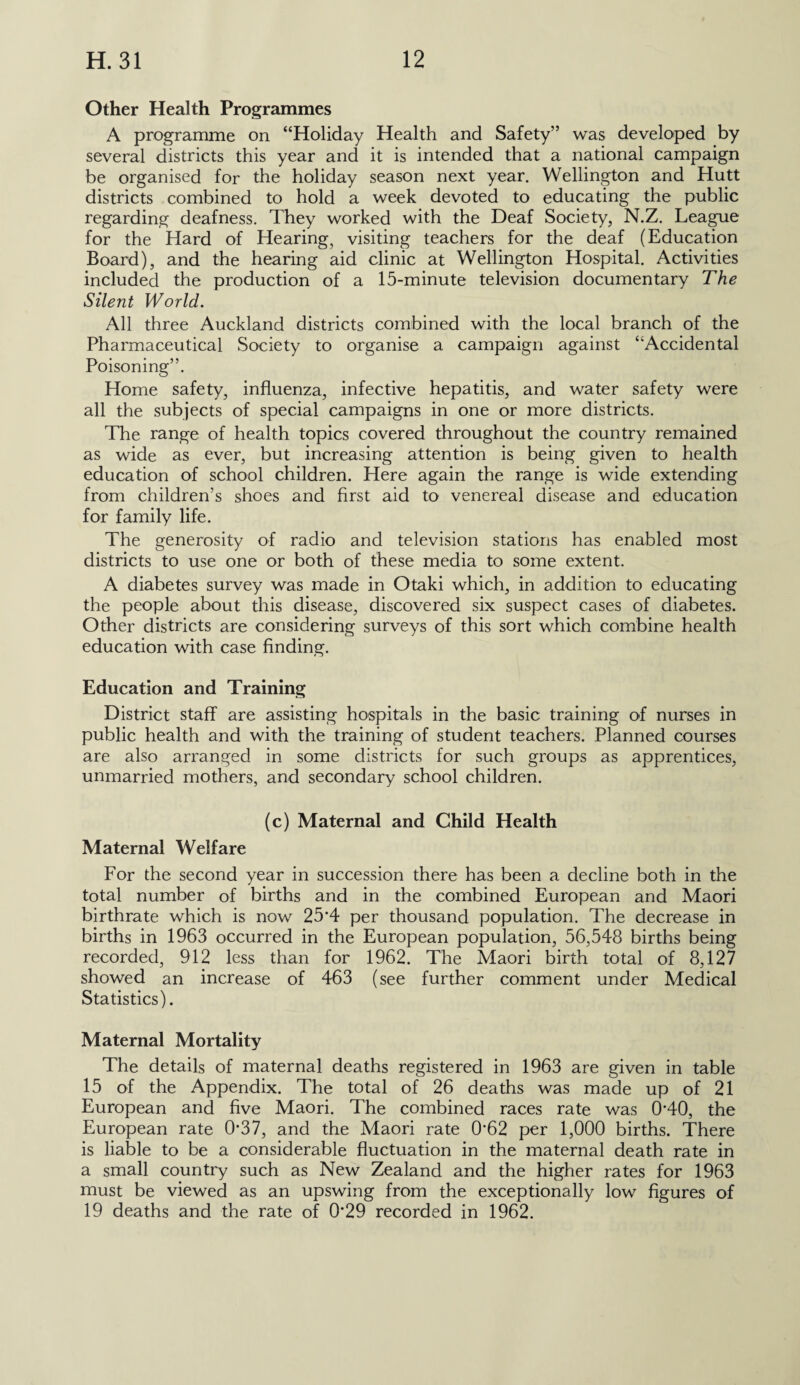 Other Health Programmes A programme on “Holiday Health and Safety” was developed by several districts this year and it is intended that a national campaign be organised for the holiday season next year. Wellington and Hutt districts combined to hold a week devoted to educating the public regarding deafness. They worked with the Deaf Society, N.Z. League for the Hard of Hearing, visiting teachers for the deaf (Education Board), and the hearing aid clinic at Wellington Hospital. Activities included the production of a 15-minute television documentary The Silent World. All three Auckland districts combined with the local branch of the Pharmaceutical Society to organise a campaign against “Accidental Poisoning”. Home safety, influenza, infective hepatitis, and water safety were all the subjects of special campaigns in one or more districts. The range of health topics covered throughout the country remained as wide as ever, but increasing attention is being given to health education of school children. Here again the range is wide extending from children’s shoes and first aid to venereal disease and education for family life. The generosity of radio and television stations has enabled most districts to use one or both of these media to some extent. A diabetes survey was made in Otaki which, in addition to educating the people about this disease, discovered six suspect cases of diabetes. Other districts are considering surveys of this sort which combine health education with case finding. Education and Training District staff are assisting hospitals in the basic training of nurses in public health and with the training of student teachers. Planned courses are also arranged in some districts for such groups as apprentices, unmarried mothers, and secondary school children. (c) Maternal and Child Health Maternal Welfare For the second year in succession there has been a decline both in the total number of births and in the combined European and Maori birthrate which is now 25*4 per thousand population. The decrease in births in 1963 occurred in the European population, 56,548 births being recorded, 912 less than for 1962. The Maori birth total of 8,127 showed an increase of 463 (see further comment under Medical Statistics). Maternal Mortality The details of maternal deaths registered in 1963 are given in table 15 of the Appendix. The total of 26 deaths was made up of 21 European and five Maori. The combined races rate was 0*40, the European rate 0*37, and the Maori rate 062 per 1,000 births. There is liable to be a considerable fluctuation in the maternal death rate in a small country such as New Zealand and the higher rates for 1963 must be viewed as an upswing from the exceptionally low figures of 19 deaths and the rate of 0*29 recorded in 1962.