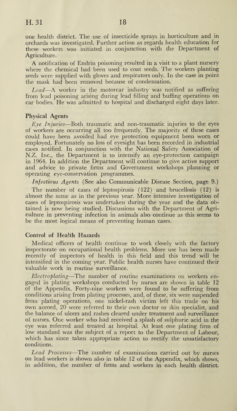 one health district. The use of insecticide sprays in horticulture and in orchards was investigated. Further action as regards health education for these workers was initiated in conjunction with the Department of Agriculture. A notification of Endrin poisoning resulted in a visit to a plant nursery where the chemical had been used to coat seeds. The workers planting seeds were supplied with gloves and respirators only. In the case in point the mask had been removed because of condensation. Lead—A worker in the motorcar industry was notified as suffering from lead poisoning arising during lead filling and buffing operations on car bodies. He was admitted to hospital and discharged eight days later. Physical Agents Eye Injuries—Both traumatic and non-traumatic injuries to the eyes of workers are occurring all too frequently. The majority of these cases could have been avoided had eye protection equipment been worn or employed. Fortunately no loss of eyesight has been recorded in industrial cases notified. In conjunction with the National Safety Association of N.Z. Inc., the Department is to intensify an eye-protection campaign in 1964. In addition the Department will continue to give active support and advice to private firms and Government workshops planning or operating eye-conservation programmes. Infectious Agents (See also Communicable Disease Section, page 9.) The number of cases of leptospirosis (122) and brucellosis (12) is almost the same as in the previous year. More intensive investigation of cases of leptospirosis was undertaken during the year and the data ob¬ tained is now being studied. Discussions with the Department of Agri¬ culture in preventing infection in animals also continue as this seems to be the most logical means of preventing human cases. Control of Health Hazards Medical officers of health continue to work closely with the factory inspectorate on occupational health problems. More use has been made recently of inspectors of health in this field and this trend will be intensified in the coming year. Public health nurses have continued their valuable work in routine surveillance. Electroplating—The number of routine examinations on workers en¬ gaged in plating workshops conducted by nurses are shown in table 12 of the Appendix. Forty-nine workers were found to be suffering from conditions arising from plating processes, and, of these, six were suspended from plating operations, one nickel-rash victim left this trade on his own accord, 20 were referred to their own doctor or skin specialist, and the balance of ulcers and rashes cleared under treatment and surveillance of nurses. One worker who had received a splash of sulphuric acid in the eye was referred and treated at hospital. At least one plating firm of low standard was the subject of a report to the Department of Labour, which has since taken appropriate action to rectify the unsatisfactory conditions. Lead Processes—The number of examinations carried out by nurses on lead workers is shown also in table 12 of the Appendix, which shows, in addition, the number of firms and workers in each health district.