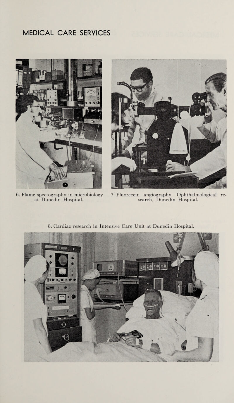 6. Flame spectography in microbiology at Dunedin Hospital. 7. Fluorecein angiography. Ophthalmological re¬ search, Dunedin Hospital. 8. Cardiac research in Intensive Care Unit at Dunedin Hospital.