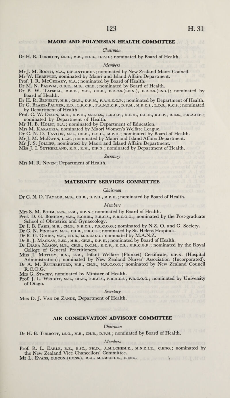 MAORI AND POLYNESIAN HEALTH COMMITTEE Chairman Dr H. B. Turbott, i.s.o., m.b., ch.b., d.p.h.; nominated by Board of Health. Members Mr J. M. Booth, m.a., dip.anthrop. ; nominated by New Zealand Maori Council. Mr W. Herewini, nominated by Maori and Island Affairs Department. Prof. J. R. McCreary, m.a.; nominated by Board of Health. Dr M. N. Paewai, o.b.e., m.b., ch.b.; nominated by Board of Health. Dr P. W. Tapsell, m.b.e., m.b., ch.b., f.r.c.s.(edin.), f.r.c.s.(eng.) ; nominated by Board of Health. Dr H. R. Bennett, m.b., ch.b., d.p.m., f.a.n.z.c.p.; nominated by Department of Health. Dr G. Blake-Palmer, e.d., l.r.c.p., f.a.n.z.c.p., d.p.m., m.r.c.s., l.d.s., r.c.s.; nominated by Department of Health. Prof. C. W. Dixon, m.d., d.p.h., m.r.c.s., l.r.c.p., d.c.h., d.l.o., r.c.p., r.c.s., f.r.a.c.p.; nominated by Department of Health. Mr H. B. Holst, b.a. ; nominated by Department of Education. Mrs M. Karauria, nominated by Maori Women’s Welfare League. Dr C. N. D. Taylor, m.b., ch.b., d.p.h., m.p.h. ; nominated by Board of Health. Mr J. M. McEwen, ll.b.; nominated by Maori and Island Affairs Department. Mr J. S. Jolliff, nominated by Maori and Island Affairs Department. Miss J. I. Sutherland, r.n., r.m., dip.n. ; nominated by Department of Health. Secretary Mrs M. R. Niven; Department of Health. MATERNITY SERVICES COMMITTEE Chairman Dr C. N. D. Taylor, m.b., ch.b., d.p.h., m.p.h.; nominated by Board of Health. Members Mrs S. M. Bohm, r.n., r.m., dip.n.; nominated by Board of Health. Prof. D. G. Bonham, m.b., b.chir., f.r.c.s., f.r.c.o.g.; nominated by the Post-graduate School of Obstetrics and Gynaecology. Dr I. B. Faris, m.b., ch.b., f.r.c.s., f.r.c.o.g.; nominated by N.Z. O. and G. Society. Dr G. N. Findlay, m.b., ch.b., f.r.c.s. ; nominated by St. Helens Hospitals. Dr R. G. Gudex, m.b., ch.b., m.r.c.o.g. : nominated by M.A.N.Z. Dr B. J. Mackay, b.sc., m.b., ch.b., d.p.h.; nominated by Board of Health. Dr Diana Mason, m.b., ch.b., d.c.h., r.c.p., r.c.s., m.r.c.g.p.; nominated by the Royal College of General Practitioners. Miss J. Motley, r.n., r.m., Infant Welfare (Plunket) Certificate, dip.n. (Hospital Administration); nominated by New Zealand Nurses’ Association (Incorporated). Dr A. M. Rutherford, m.b., ch.b., m.r.c.o.g.; nominated by New Zealand Council R.C.O.G. Mrs G. Stacey, nominated by Minister of Health. Prof. J. L. Wright, m.b., ch.b., f.r.c.s., f.r.a.c.s., f.r.c.o.g.; nominated by University of Otago. Secretary Miss D. J. Van de Zande, Department of Health. AIR CONSERVATION ADVISORY COMMITTEE Chairman Dr H. B. Turbott, i.s.o., m.b., ch.b., d.p.h.; nominated by Board of Health. Members Prof. R. L. Earle, b.e., b.sc., ph.d., a.m.i.chem.e., m.n.z.i.e., c.eng. ; nominated by the New Zealand Vice Chancellors’ Committee. Mr L. Evans, b.econ.(hons.), m.a.. m.i.mech.e., c.eng. \