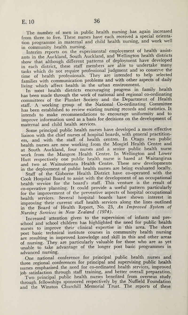 The number of men in public health nursing has again increased from three to five. These nurses have each received a special orienta¬ tion programme in maternal and child health nursing, and work well in community health nursing. Interim reports on the experimental employment of health assist¬ ants in the Auckland, South Auckland, and Wellington health districts show that although different patterns of deployment have developed in each district, these staff members are able to undertake many tasks which do not require professional judgment and so conserve the time of health professionals. They are intended to help selected families with communication problems and with other aspects of daily living which affect health in the urban environment. In most health districts encouraging progress in family health has been made through the work of national and regional co-ordinating committees of the Plunket Society and the Department of Health staff. A working group of the National Co-ordinating Committee has been established to review existing nursing records and statistics. It intends to make recommendations to encourage uniformity and to improve information used as a basis for decisions on the development of maternal and child health services. Some principal public health nurses have developed a more effective liaison with the chief nurses of hospital boards, with general practition¬ ers, and with the staff of health centres. In Otago two public health nurses are now working from the Mosgiel Health Centre and at South Auckland, four nurses and a senior public health nurse work from the Mangere Health Centre. In Wellington and Lower Hutt respectively one public health nurse is based at Waitangirua and two at Wainuiomata Health Centre. These new developments in the deployment of public health nurses are being evaluated locally. Staff of the Gisborne Health District have co-operated with the Cook Hospital Board to assist with the development of an occupational health service for the board’s staff. This venture is the result of co-operative planning. It could provide a useful pattern particularly for the improvement of the preventive aspects of hospital occupational health services. Several hospital boards have shown interest in improving their current staff health services along the lines outlined in the Board of Health Report, No. 23, An Improved System of Nursing Services in New Zealand (1974). Increased attention given to the supervision of infants and pre¬ school and school children has highlighted the need for public health nurses to improve their clinical expertise in this area. The short post basic technical institute courses in community health nursing are resulting in improved knowledge and skill in this and other areas of nursing. They are particularly valuable for those who are as yet unable to take advantage of the longer post basic programmes in advanced nursing. One national conference for principal public health nurses and three regional conferences for principal and supervising public health nurses emphasised the need for co-ordinated health services, improved job satisfaction through staff training, and better overall preparation. Two principal public health nurses benefited from overseas study through fellowships sponsored respectively by the Nuffield Foundation and the Winston Churchill Memorial Trust. The reports of these