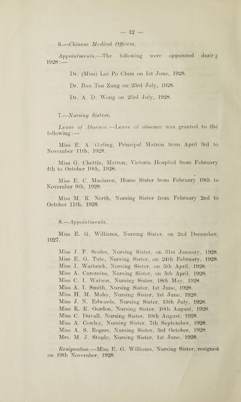 G.—Chinese Medical Officers. Appointments.—The following were appointed during 1928: — Dr. (Miss) Lai Po Chun on 1st June, 1928. Dr. Ban Tsu Zung on: 23rd July, 1928. Dr. A. D. Wong on 23rd July, 1928. 7.—Nursing Sisters, Leave of Absence.—Leave of absence was granted to the following: — Miss E. A. Girling, Principal Matron from April 3rd to November 11th, 1928. Miss G. Chettle, Matron, Victoria Hospital from February 4th to October 10th, 1928. Miss E. C. Maclaren, Home Sister from February 19th to November 9th, 1928. Miss M. K. North, Nursing Sister from February 2nd to October 11th, 1928. 8. —A pp ointments. Miss E. G. Williams, Nursing Sister, on 2nd December, 1927. Miss J. F. Scales, Nursing Sister, on 31st January, 1928. Miss E. G. Tate, Nursing Sister, on 24th February, 1928. Miss I. Warbrick, Nursing Sister, on 5th April, 1928. Miss A. Cummins, Nursing Sister, on 5th April, 1928. Miss C. 1. Watson, Nursing Sister, 18th May, 1928. Miss A. I. Smith, Nursing Sister, 1st June, 1928. Miss H. M. Mahy, Nursing Sister, 1st June, 1928. Miss J. N. Edwards, Nursing Sister, 13th July, 1928. Miss K. E. Gordon, Nursing Sister, 10th August, 1928. Miss C. Duvall. Nursing Sister, 10th August, 1928. Miss A. Cowley, Nursing Sister, 7th September, 1928. Miss A. S. Rogers, Nursing Sister, 3rd October, 1928. Mrs. M. J. Staple, Nursing Sister, 1st June, 1928. Resignation.—Miss E. G. Williams, Nursing Sister, resigned on 19th November, 1928,