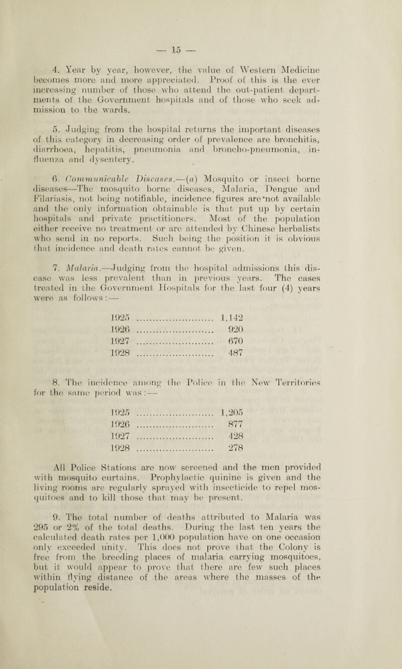 4. Year bv year, however, the value of Western Medicine becomes more and more appreciated. Proof of this is the ever increasing number of those who attend the out-patient depart¬ ments of the Government hospitals and of those who seek ad¬ mission to the wards. 5. Judging from the hospital returns the important diseases of this category in decreasing order of prevalence are bronchitis, diarrhoea, hepatitis, pneumonia and broncho-pneumonia, in¬ fluenza and dysentery. 6. Communicable Diseases.—(a) Mosquito or insect borne diseases—The mosquito borne diseases, Malaria, Dengue and Pilariasis, not being notifiable, incidence figures are’not. available and the only information obtainable is that put up by certain hospitals and private practitioners. Most of the population either receive no treatment or are attended bv Chinese herbalists who send in no reports. Such being the position il is obvious that incidence and death rates cannot be given. 7. Malaria.—Judging from the hospital admissions this dis¬ ease was less prevalent than in previous years. The cases treated in the Government Hospitals for the last four (4) years were as follows: — 1925 . . 1,142 1926 . . 920 1927 . . 670 1928 . . 487 8. The incidence am on? t) for the same period was: — the Police in the New' Territories 1925 . .1,205 1926 . . 877 1927 . . 428 1928 . . 278 All Police Stations are now screened and the men provided with mosquito curtains. Prophylactic quinine is given and the living rooms are regularly sprayed with insecticide to repel mos¬ quitoes and to kill those that may be present. 9. The total number of deaths attributed to Malaria was ‘295 or 2% of the total deaths. During the last ten years the calculated death rates per 1,000 population have on one occasion only exceeded unity. This does not prove that the Colony is free from the breeding places of malaria carrying mosquitoes, but it w'ould appear to prove that there are few such places within flying distance of the areas where the masses of the population reside.