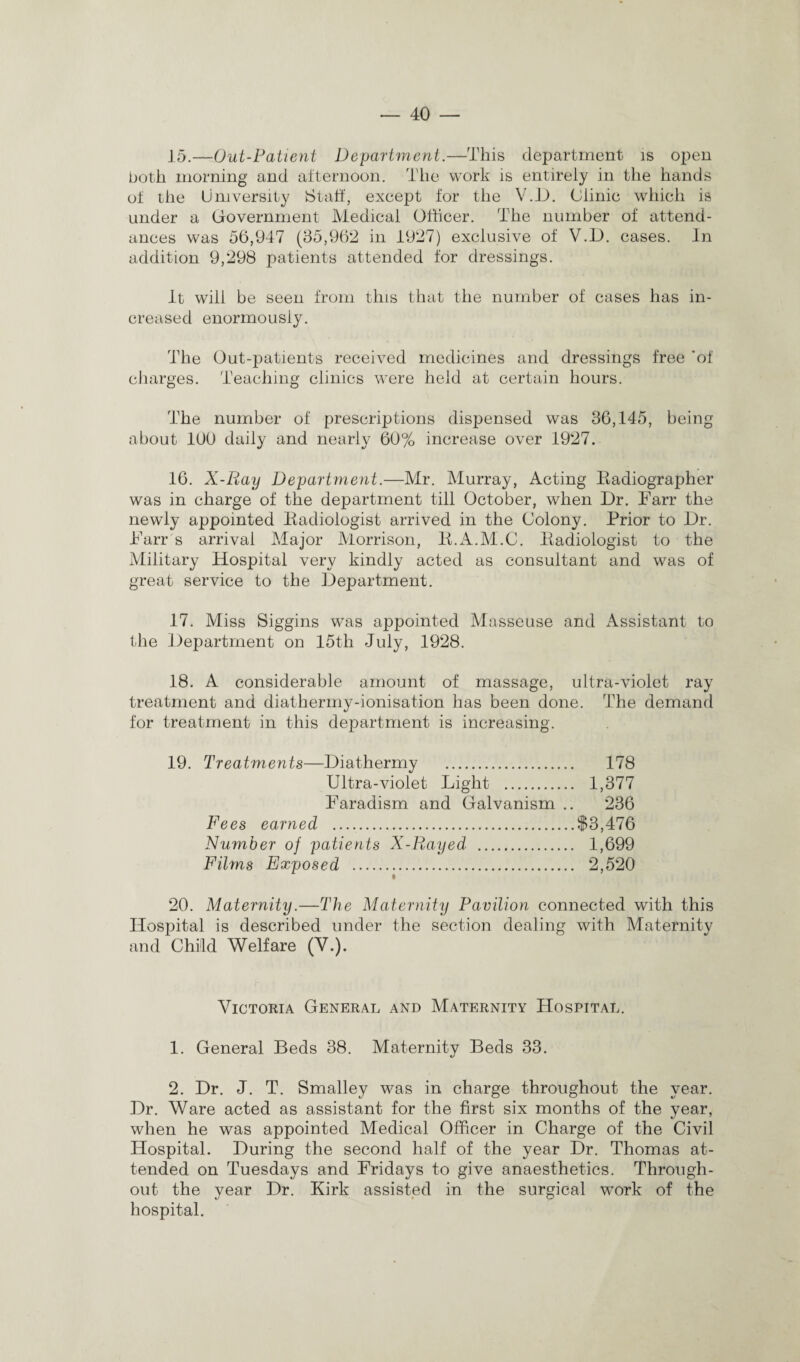 15. —Out-Patient Department.—This department is open both morning and afternoon. The work is entirely in the hands of the University Staff, except for the V.D. Clinic which is under a Government Medical Officer. The number of attend¬ ances was 56,947 (35,962 in 1927) exclusive of V.D. cases. In addition 9,298 patients attended for dressings. It will be seen from this that the number of cases has in¬ creased enormously. The Out-patients received medicines and dressings free 'of charges. Teaching clinics were held at certain hours. The number of prescriptions dispensed was 36,145, being about 100 daily and nearly 60% increase over 1927. 16. X-Ray Department.—Mr. Murray, Acting Radiographer was in charge of the department till October, when Dr. Farr the newly appointed Radiologist arrived in the Colony. Prior to Dr. Farr s arrival Major Morrison, R.A.M.C. Radiologist to the Military Hospital very kindly acted as consultant and was of great service to the Department. 17. Miss Siggins was appointed Masseuse and Assistant to the Department on 15tli July, 1928. 18. A considerable amount of massage, ultra-violet ray treatment and diathermy-ionisation has been done. The demand for treatment in this department is increasing. 19. Treatments—Diathermy . 178 Ultra-violet Light . 1,377 Faradism and Galvanism .. 236 Fees earned .$3,476 Number of patients X-Rayed . 1,699 Films Exposed . 2,520 20. Maternity.—The Maternity Pavilion connected with this Hospital is described under the section dealing with Maternity and Child Welfare (V.). Victoria General and Maternity Hospital. 1. General Beds 38. Maternity Beds 33. 2. Dr. J. T. Smalley was in charge throughout the year. Dr. Ware acted as assistant for the first six months of the year, when he was appointed Medical Officer in Charge of the Civil Hospital. During the second half of the year Dr. Thomas at¬ tended on Tuesdays and Fridays to give anaesthetics. Through¬ out the year Dr. Kirk assisted in the surgical work of the hospital.