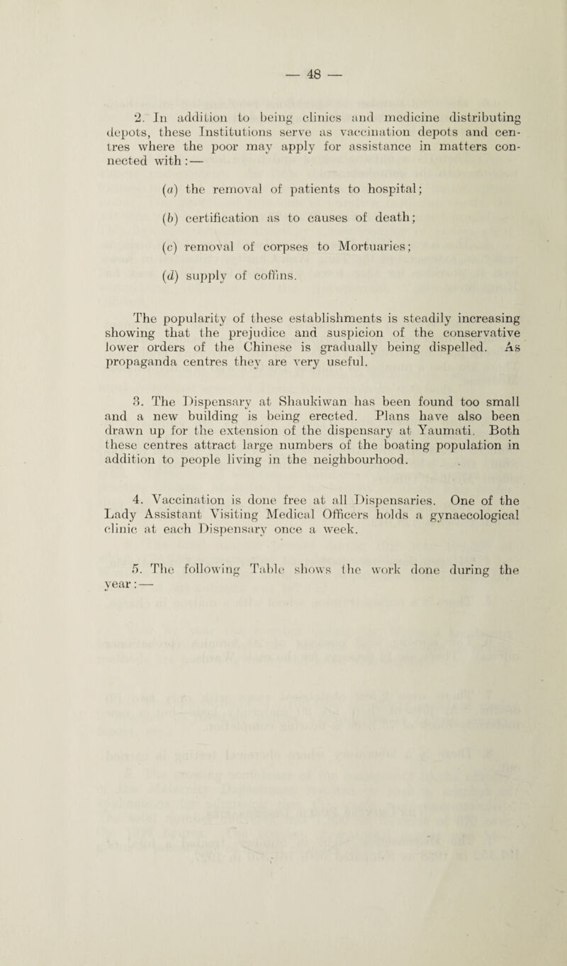 2. In addition to being clinics and medicine distributing depots, these Institutions serve as vaccination depots and cen¬ tres where the poor may apply for assistance in matters con¬ nected with: — (a) the removal of patients to hospital; (b) certification as to causes of death; (c) removal of corpses to Mortuaries; (d) supply of coffins. The popularity of these establishments is steadily increasing showing that the prejudice and suspicion of the conservative lower orders of the Chinese is gradually being dispelled. As propaganda centres they are very useful. 3. The Dispensary at Shaukiwan has been found too small and a new building is being erected. Plans have also been drawn up for the extension of the dispensary at Yaumati. Both these centres attract large numbers of the boating population in addition to people living in the neighbourhood. 4. Vaccination is done free at all Dispensaries. One of the Lady Assistant Visiting Medical Officers holds a gynaecological clinic at each Dispensary once a week. 5. The following Table shows the work done during the vear:— •/