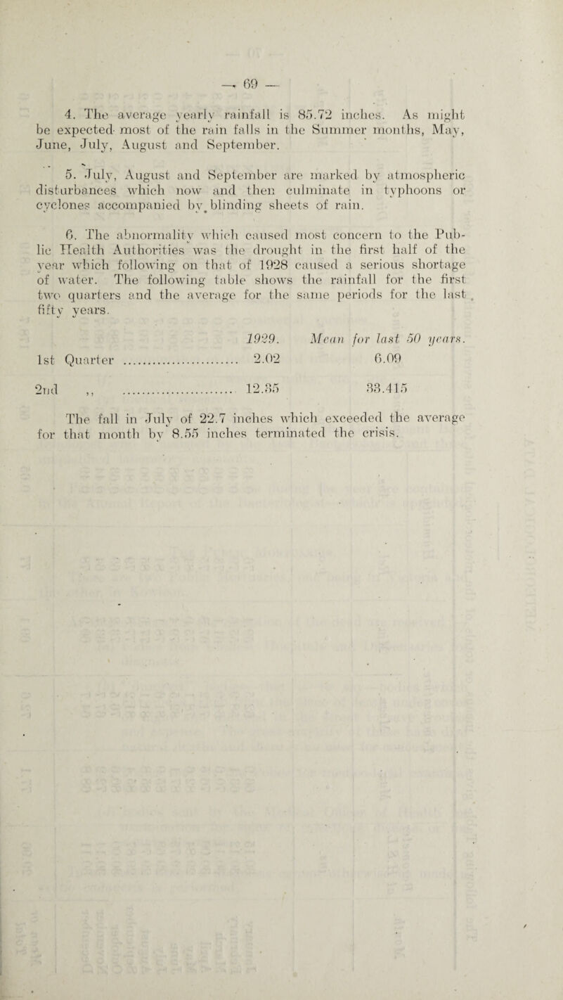 4. The average yearly rainfall is 85.72 inches. As might be expected- most of the rain falls in the Summer months, May, June, July, August and September. 5. July, August and September are marked by atmospheric disturbances which now and then culminate in typhoons or cyclones accompanied by. blinding sheets of rain. 6. The abnormality which caused most concern to the Pub¬ lic Health Authorities was the drought in the first half of the year which following on that of 1928 caused a serious shortage of water. The following table shows the rainfall for the first two quarters and the average for the same periods for the last fifty years. 1929. Mean for last 50 years 1st Quarter . . 2.02 6.09 2nd ,, . . 12.85 83.415 The fall in July of 22.7 inches which exceeded the average for that month by 8.55 inches terminated the crisis.